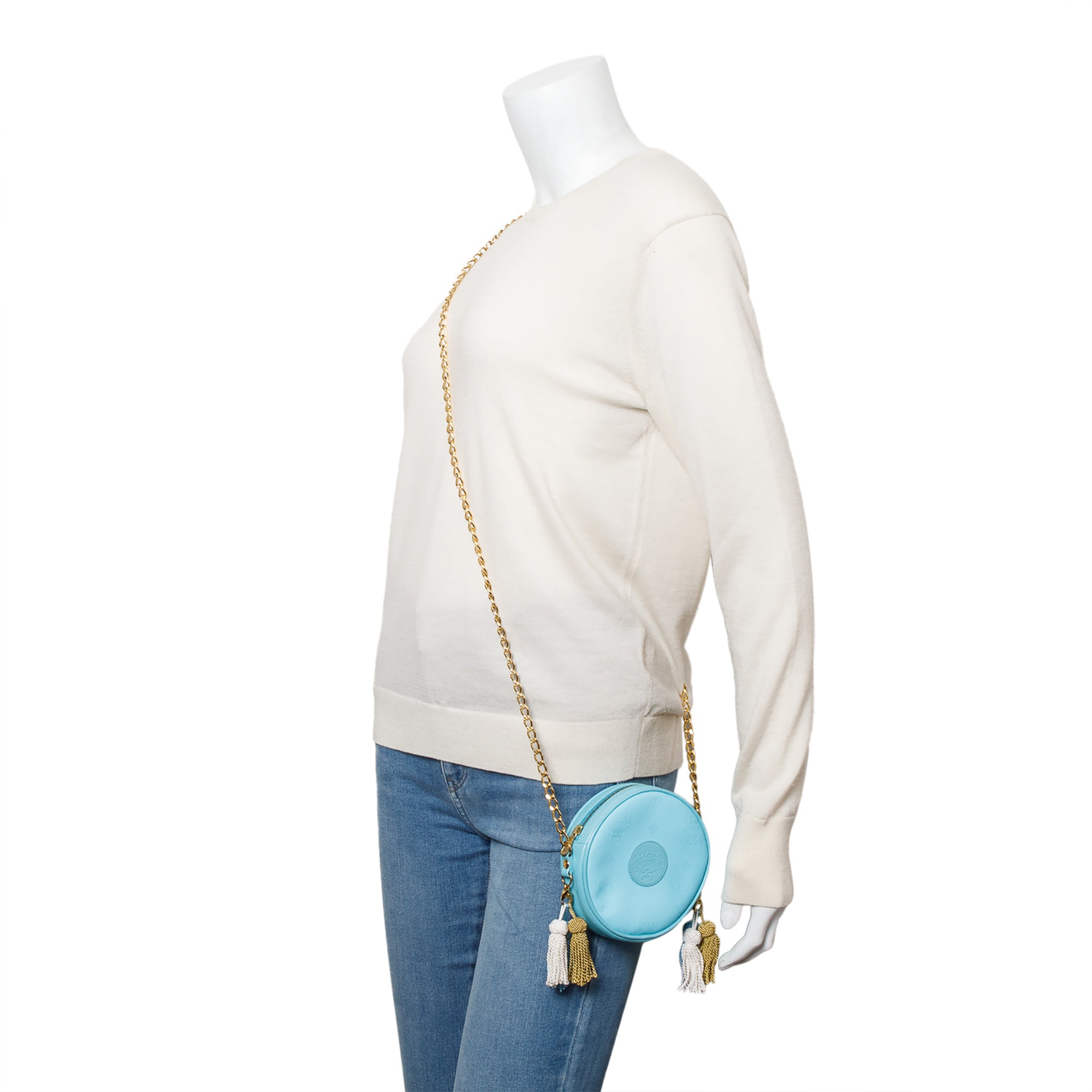 MCM Blue Monogram Canvas Suzy Wong Round Crossbody