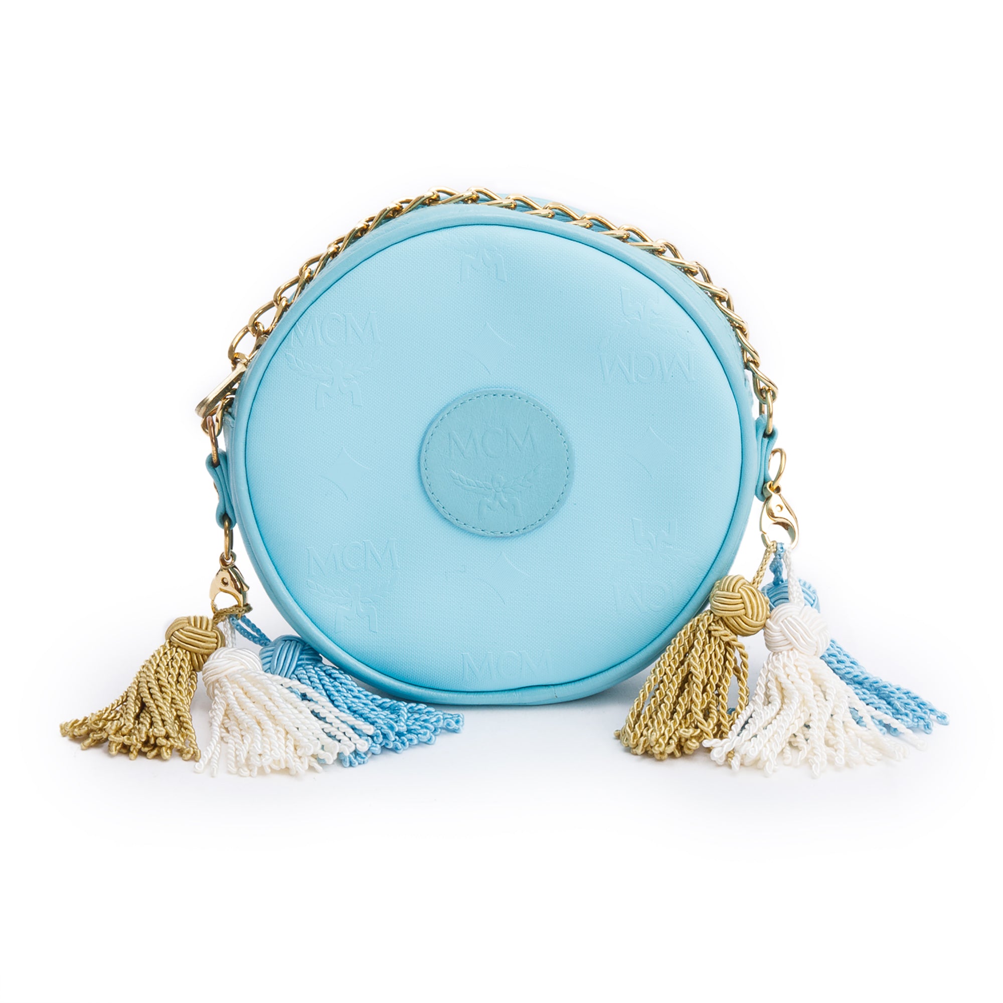 MCM Blue Monogram Canvas Suzy Wong Round Crossbody