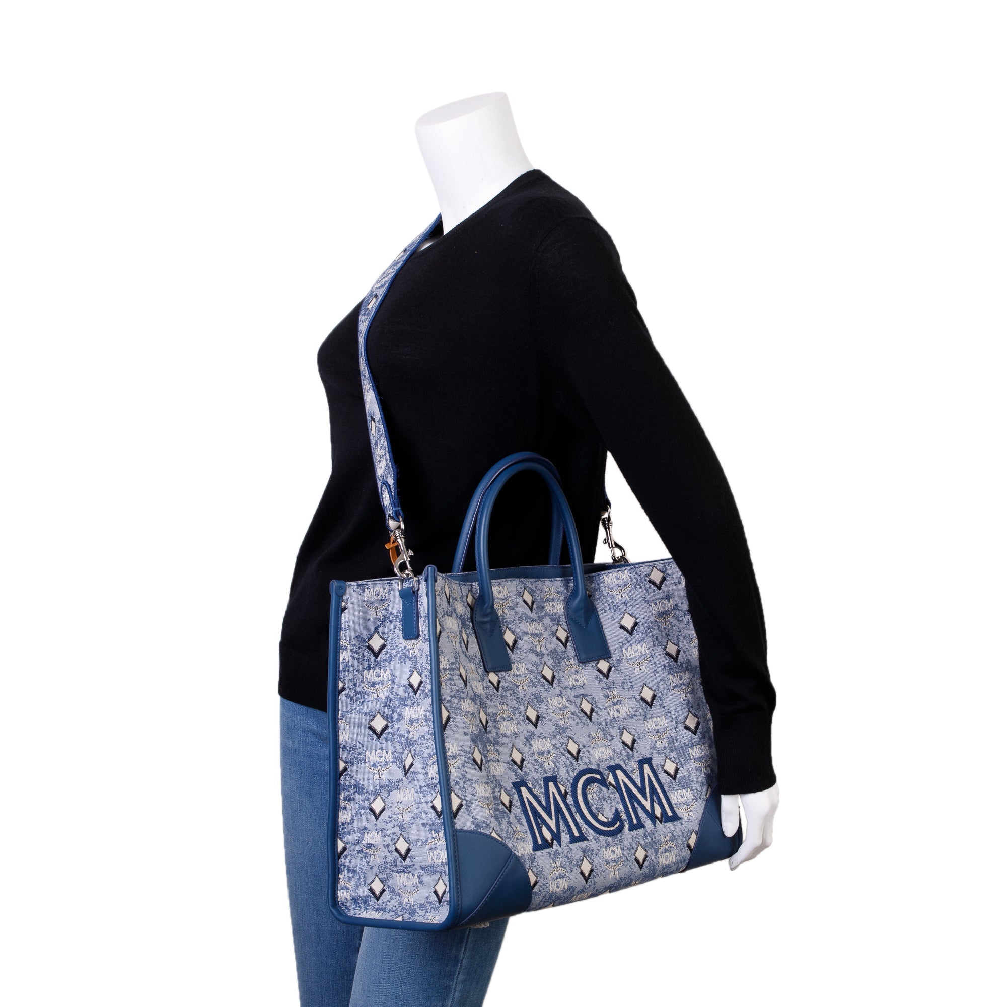 MCM Blue Vintage Monogram Jacquard Extra Large Munchen Tote w/ Strap
