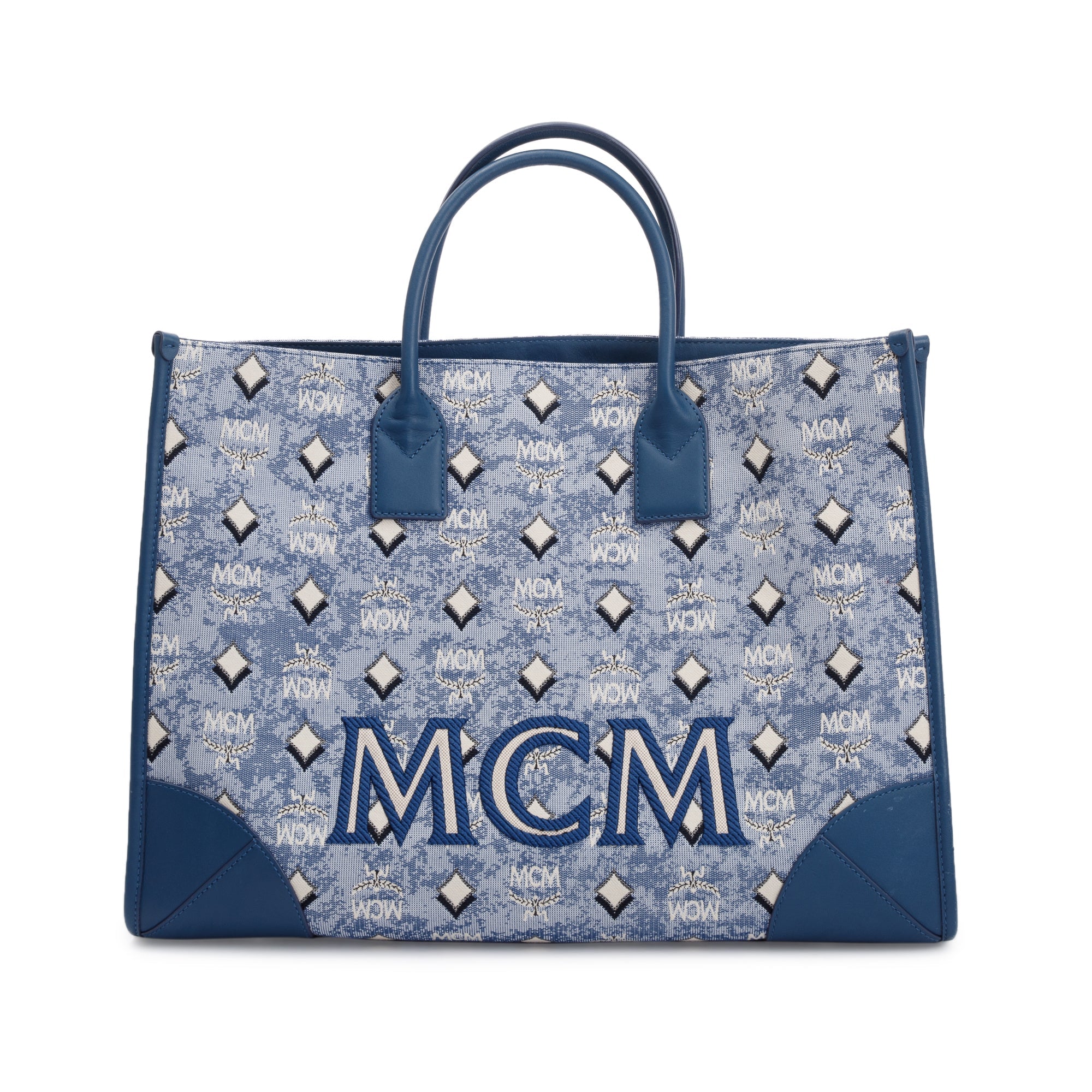 MCM Blue Vintage Monogram Jacquard Extra Large Munchen Tote w/ Strap