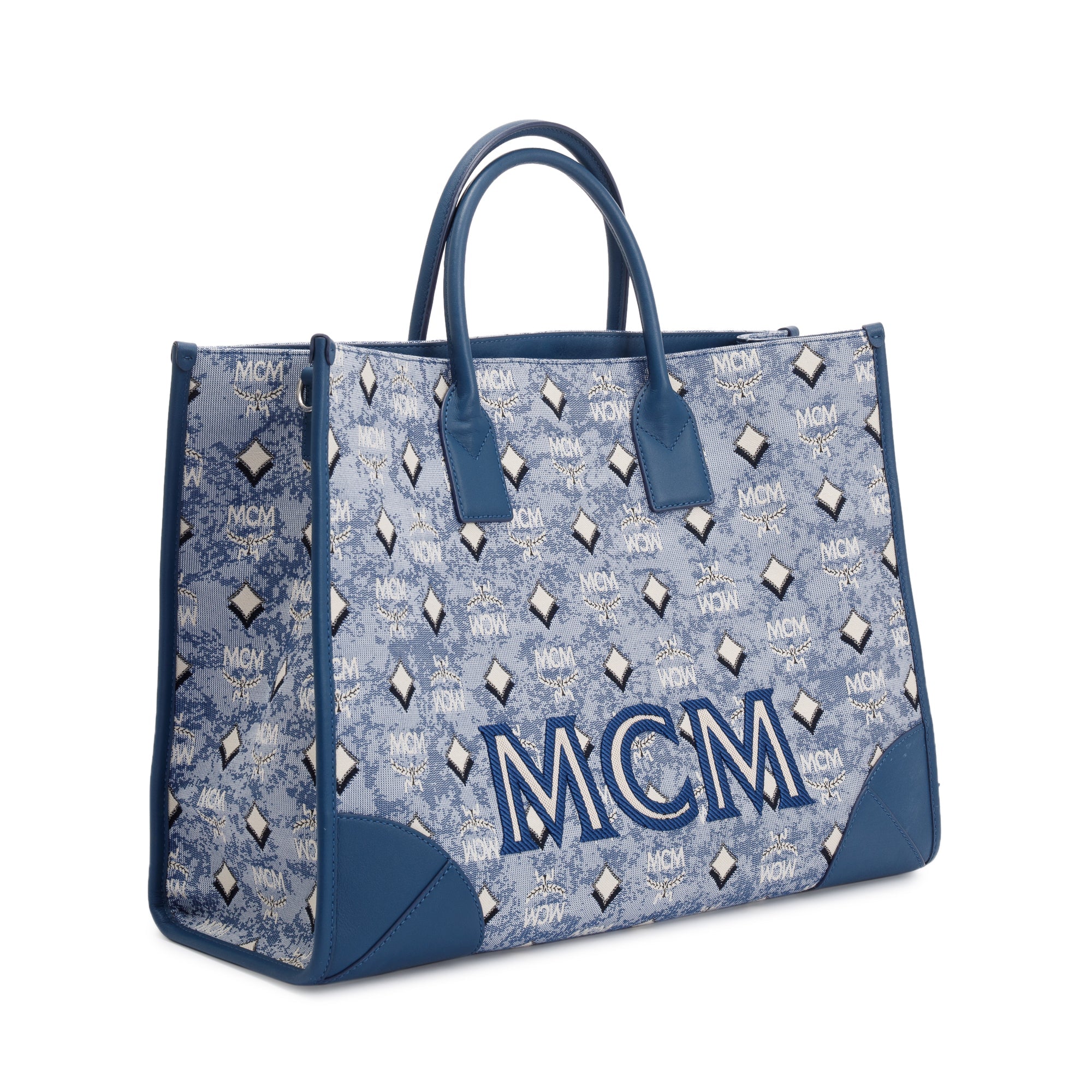 MCM Blue Vintage Monogram Jacquard Extra Large Munchen Tote w/ Strap