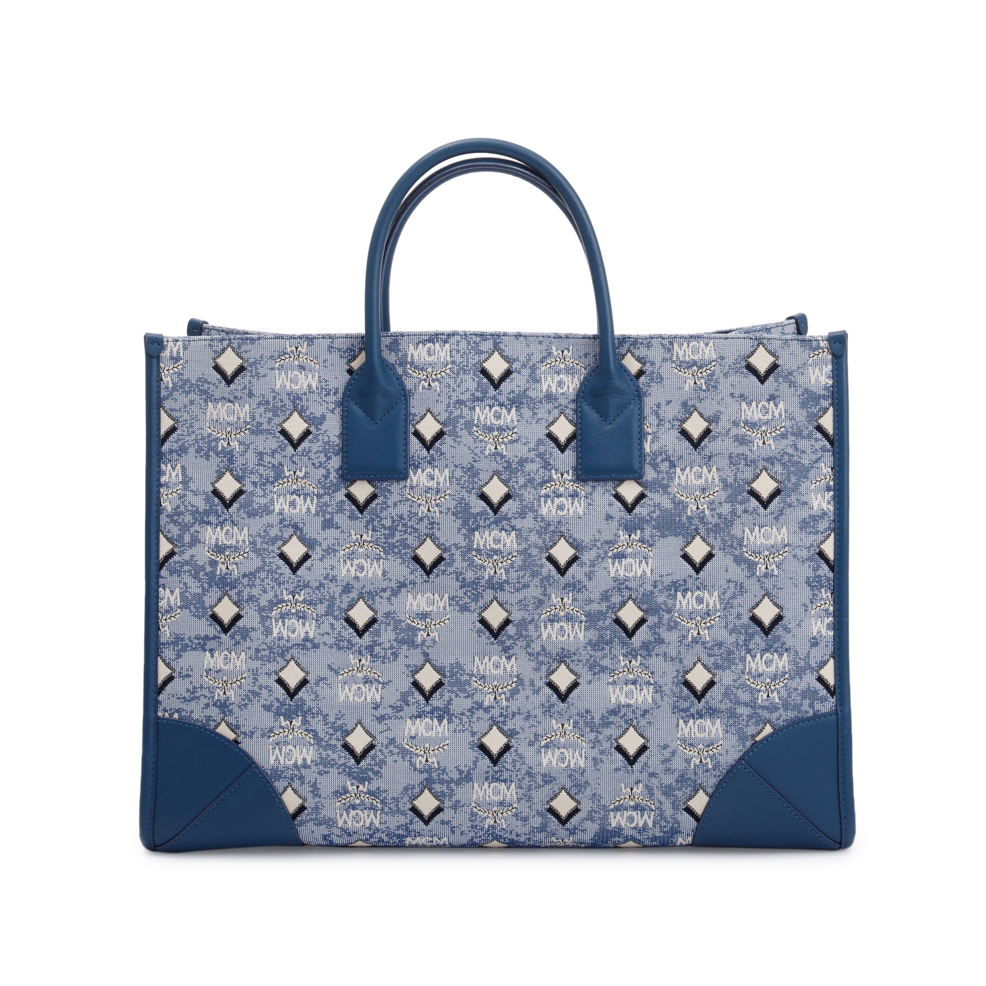 MCM Blue Vintage Monogram Jacquard Extra Large Munchen Tote w/ Strap