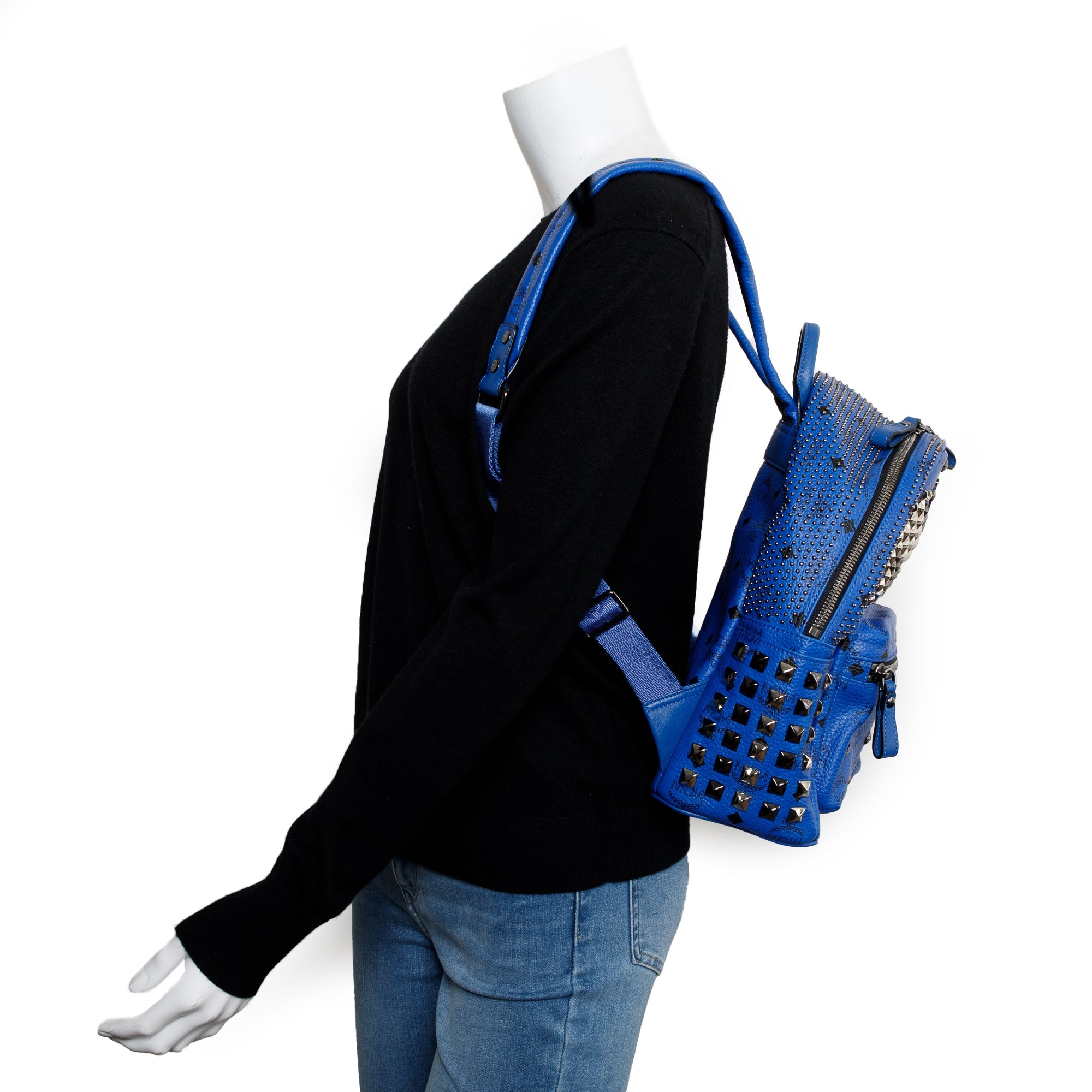 MCM Blue Visetos Studded Colorblock Stark Brock Small Backpack