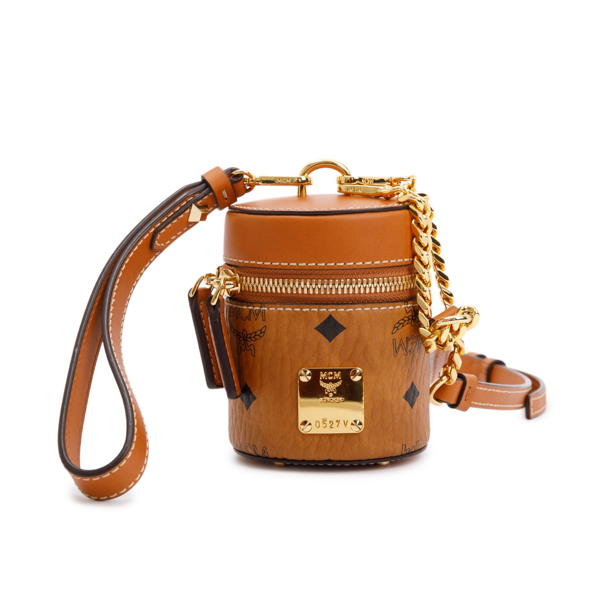 MCM Cognac Viestos Coated Canvas Mini Aren Cylinder Crossbody Bag