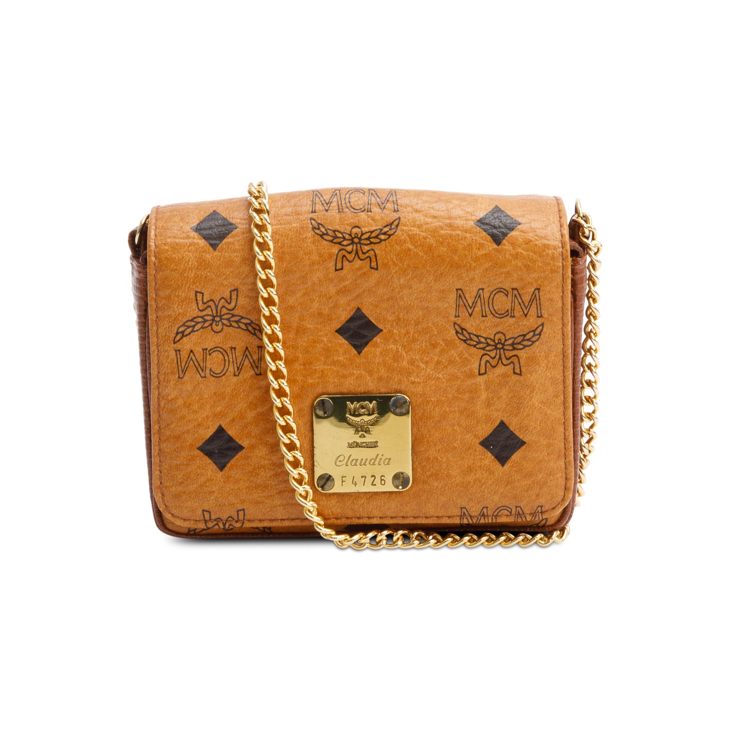 MCM Cognac Visetos Chain Card Holder Crossbody
