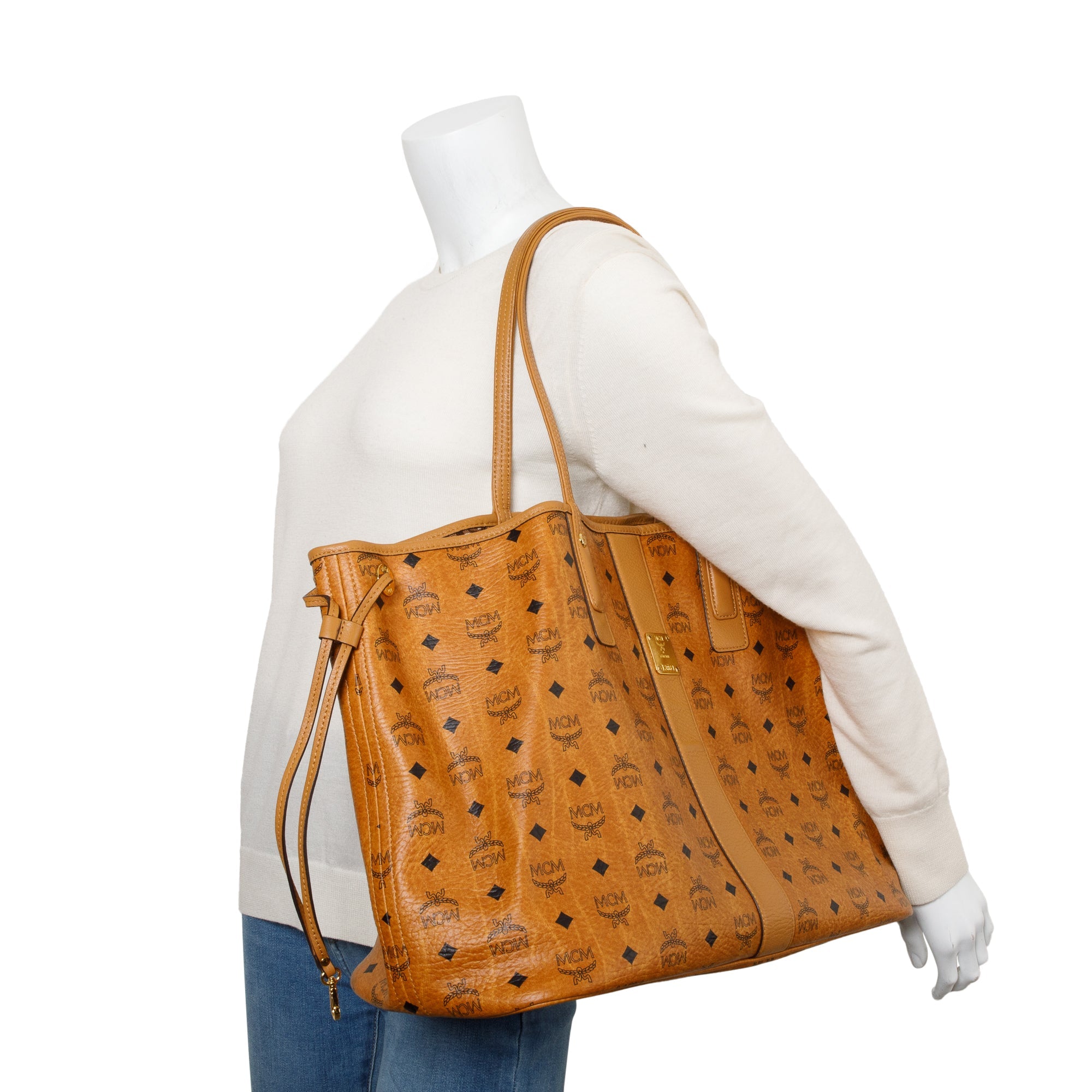 MCM Cognac Visetos Large Reversible Liz Shopper Tote w/ Pouch