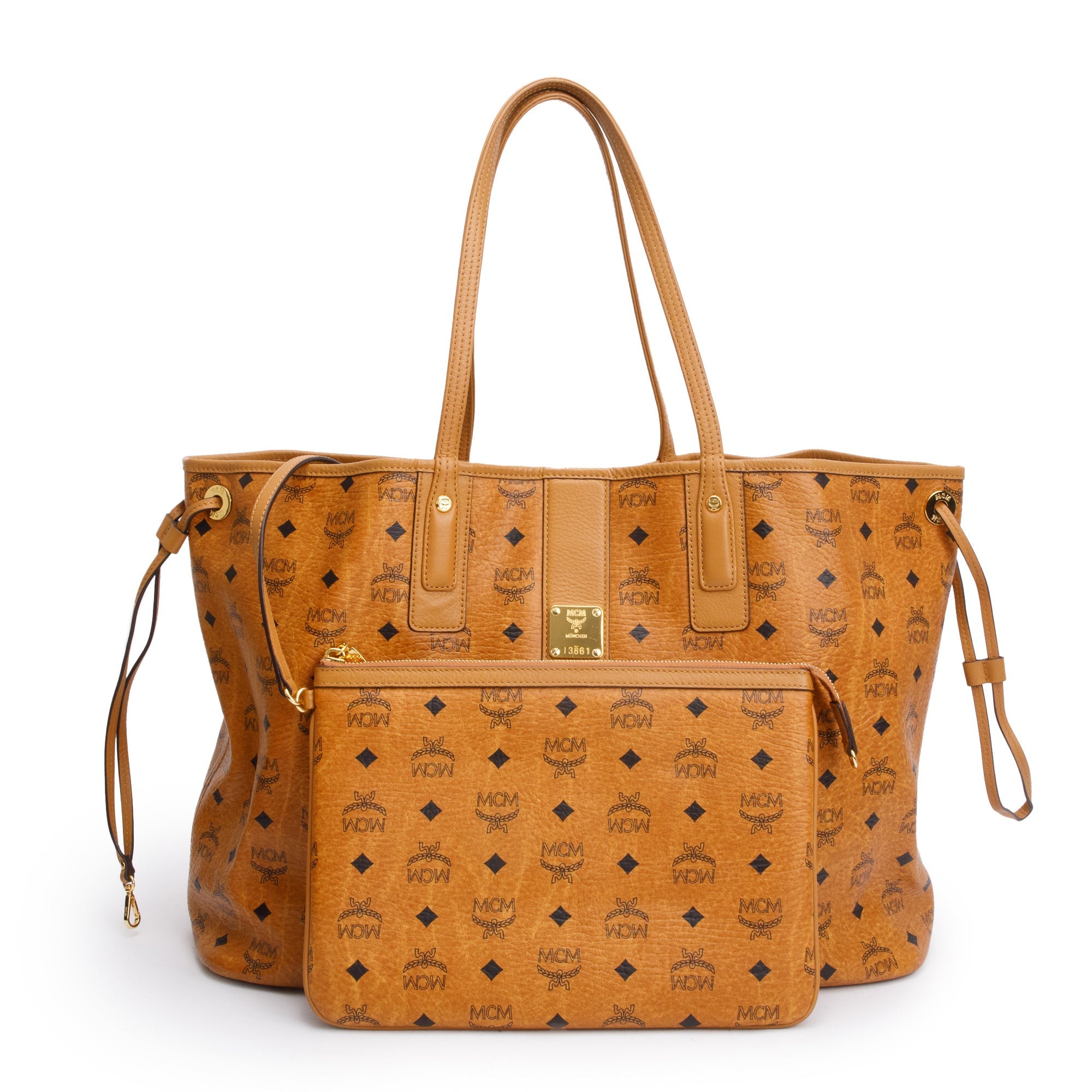 MCM Cognac Visetos Large Reversible Liz Shopper Tote w/ Pouch