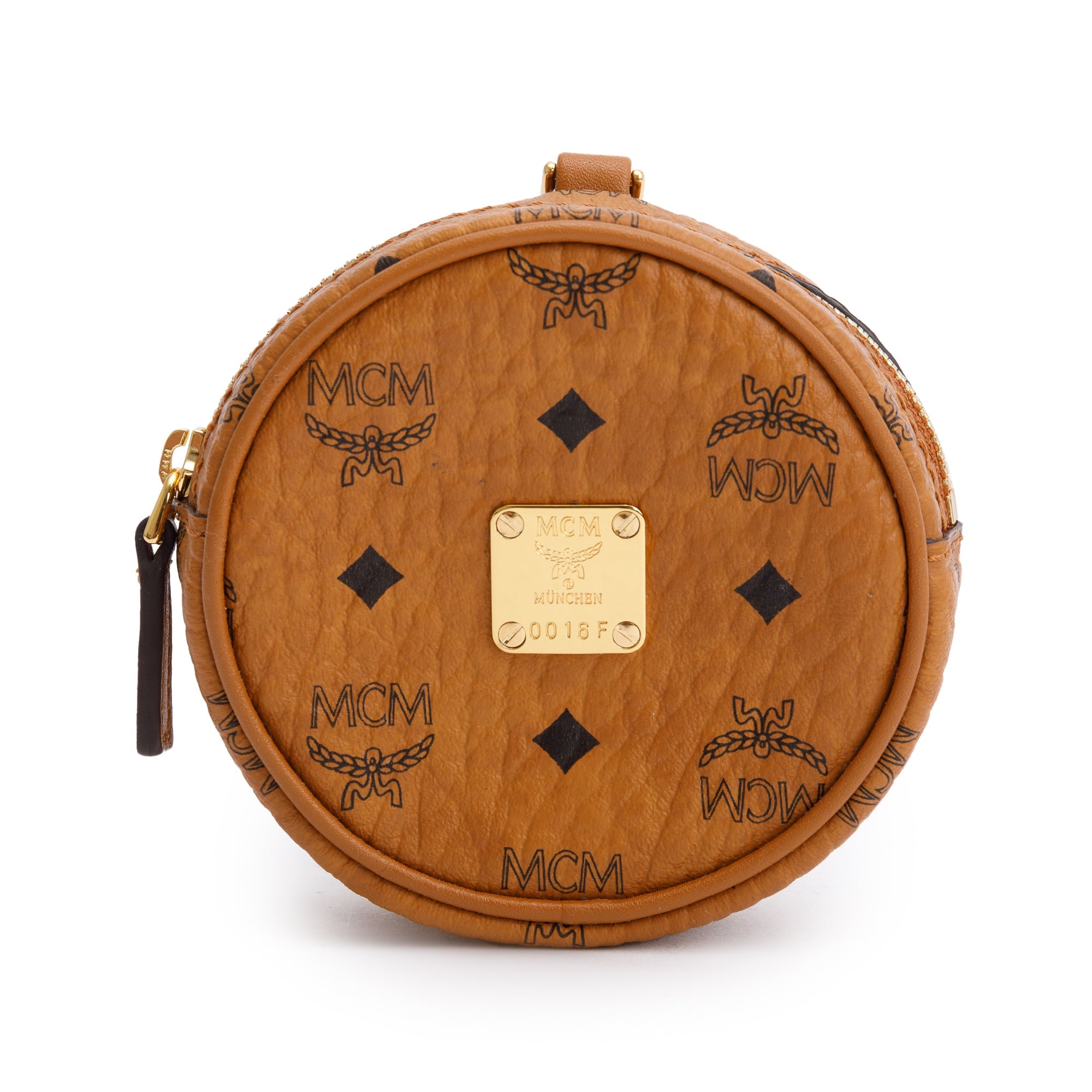 MCM Cognac Visetos Round Coin Pouch Key Ring Crossbody Bag w/ Strap