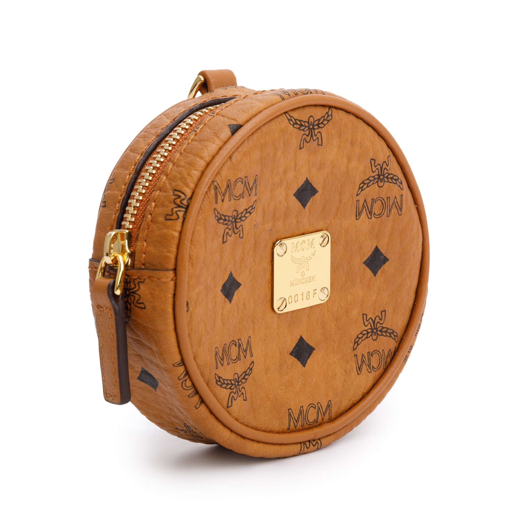 MCM Cognac Visetos Round Coin Pouch Key Ring Crossbody Bag w/ Strap