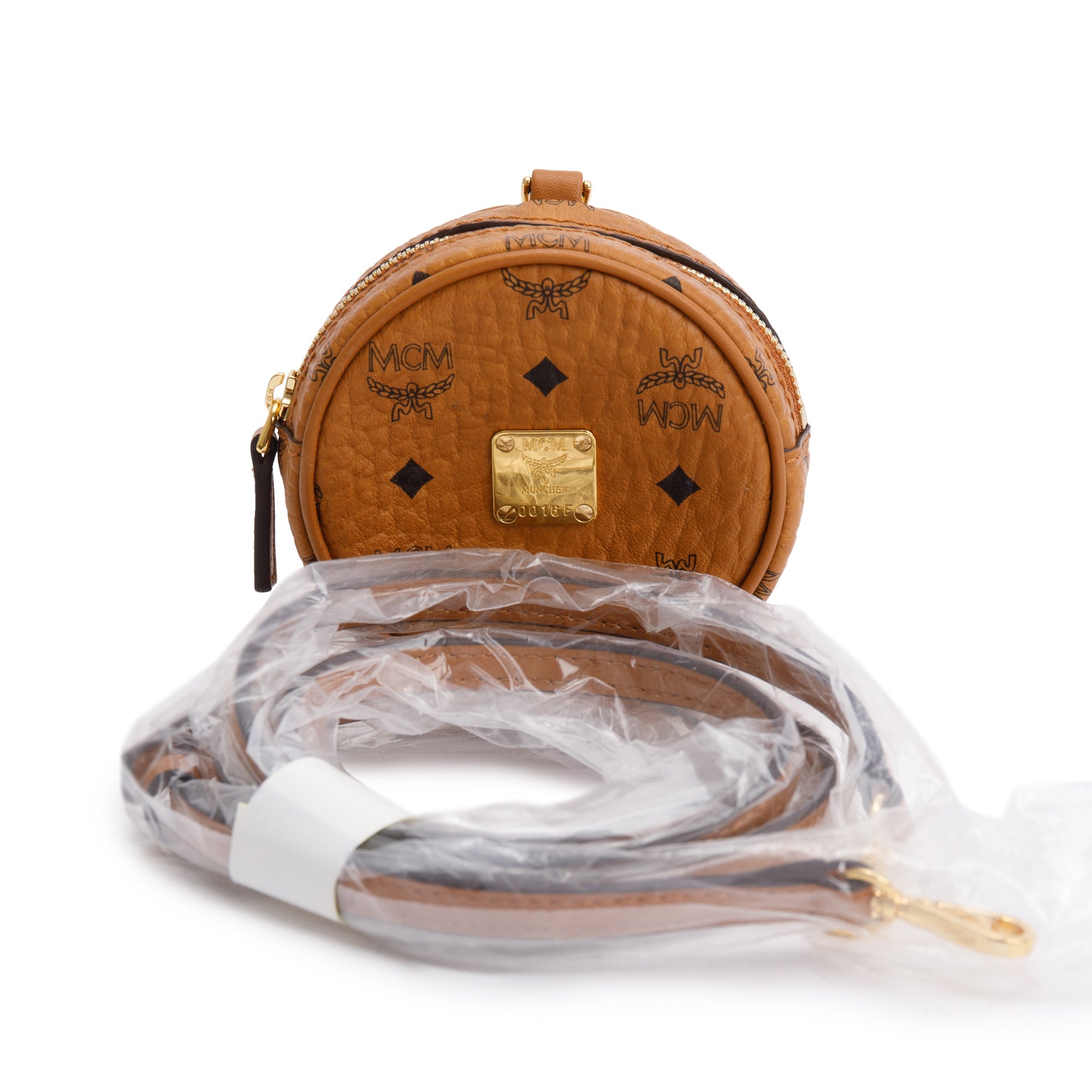 MCM Cognac Visetos Round Coin Pouch Key Ring Crossbody Bag w/ Strap