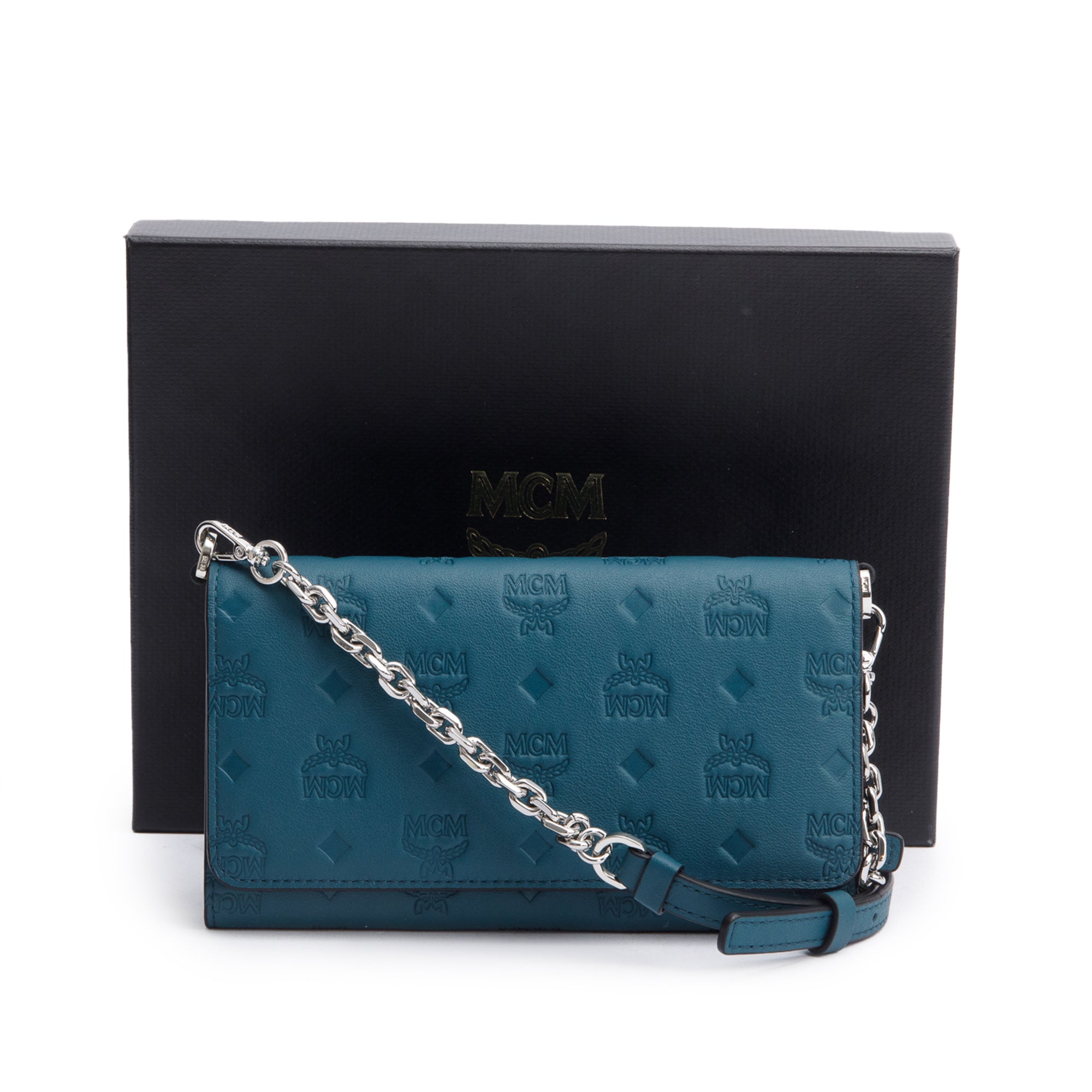 MCM Deep Teal Embossed Leather Ottomar Wallet on Chain w/ Box