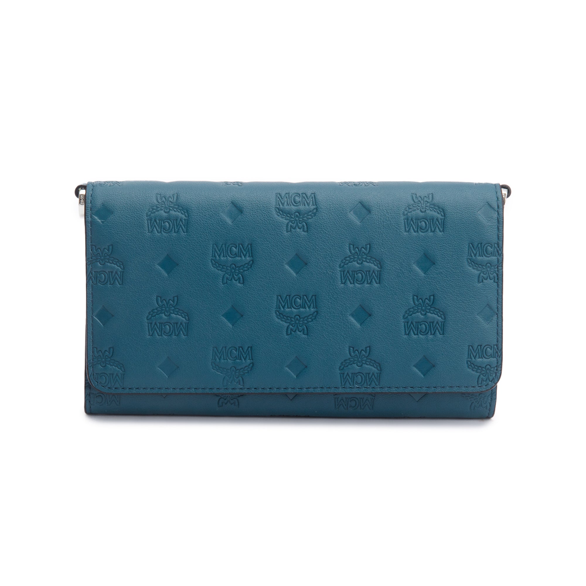 MCM Deep Teal Embossed Leather Ottomar Wallet on Chain w/ Box