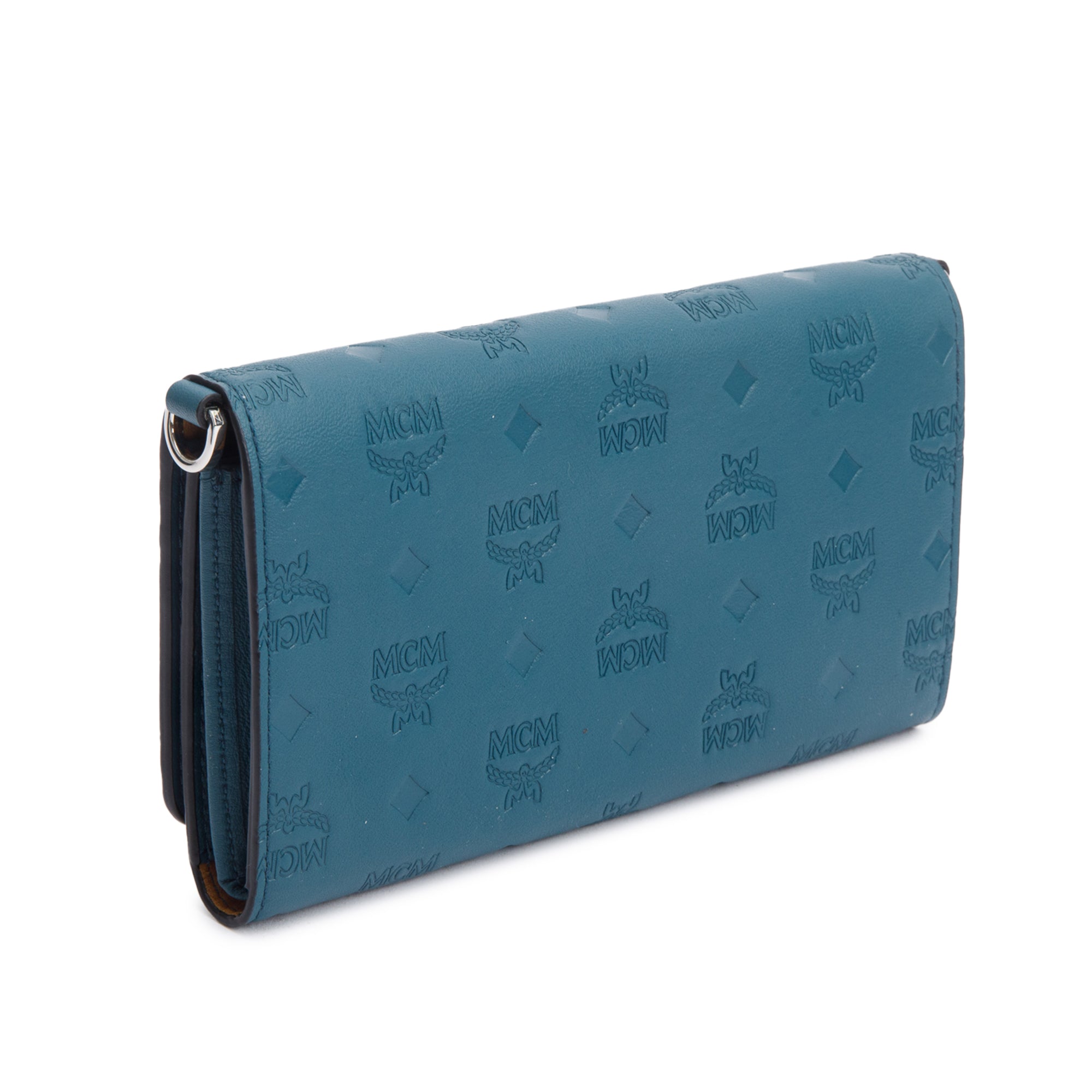 MCM Deep Teal Embossed Leather Ottomar Wallet on Chain w/ Box