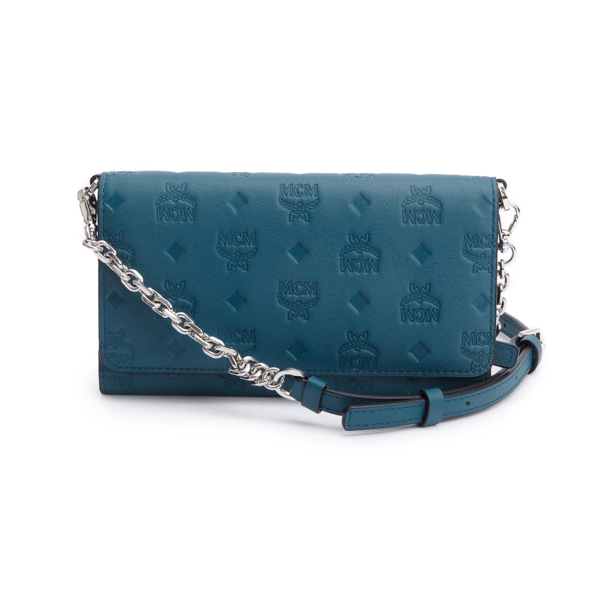 MCM Deep Teal Embossed Leather Ottomar Wallet on Chain w/ Box