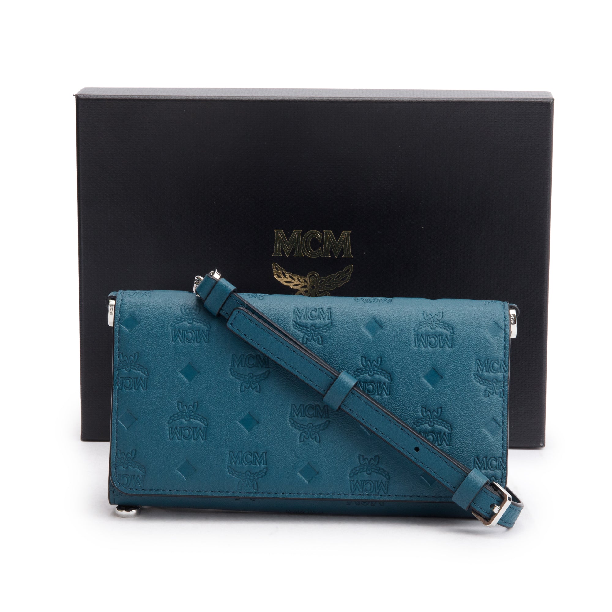 MCM Deep Teal Leather Ottomar Wallet on Chain w/ Box