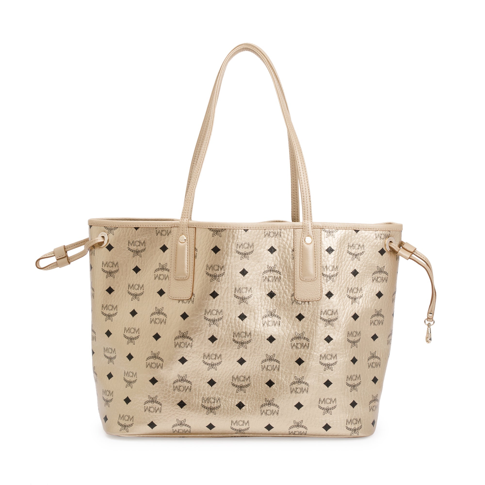 MCM Metallic Gold Visetos Medium Reversible Liz Shopper Tote w/ Pouch