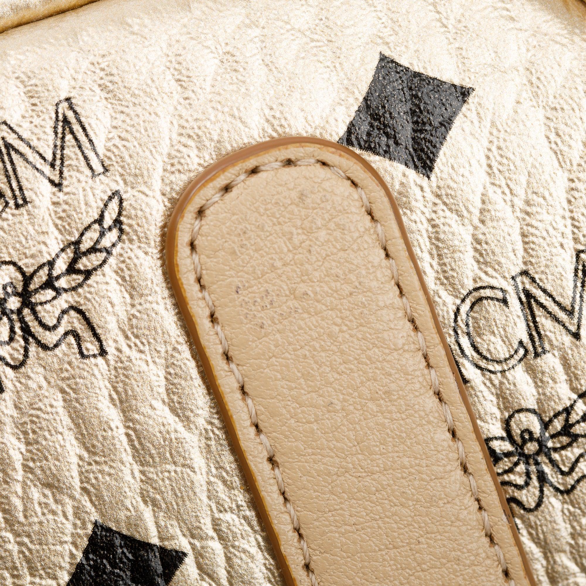 MCM Metallic Gold Visetos Medium Reversible Liz Shopper Tote w/ Pouch