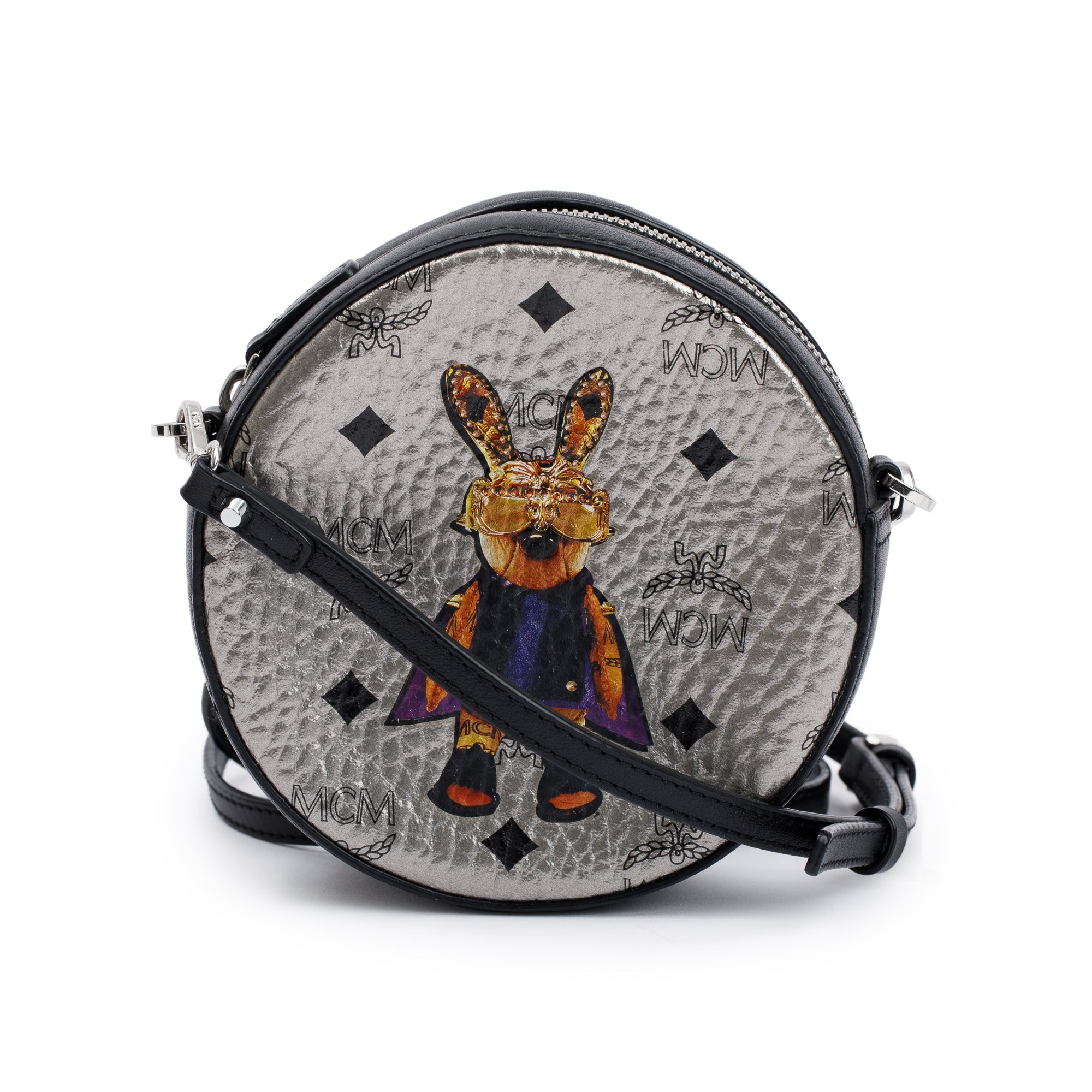 MCM Metallic Silver Visetos Rabbit Tambourine Crossbody Bag
