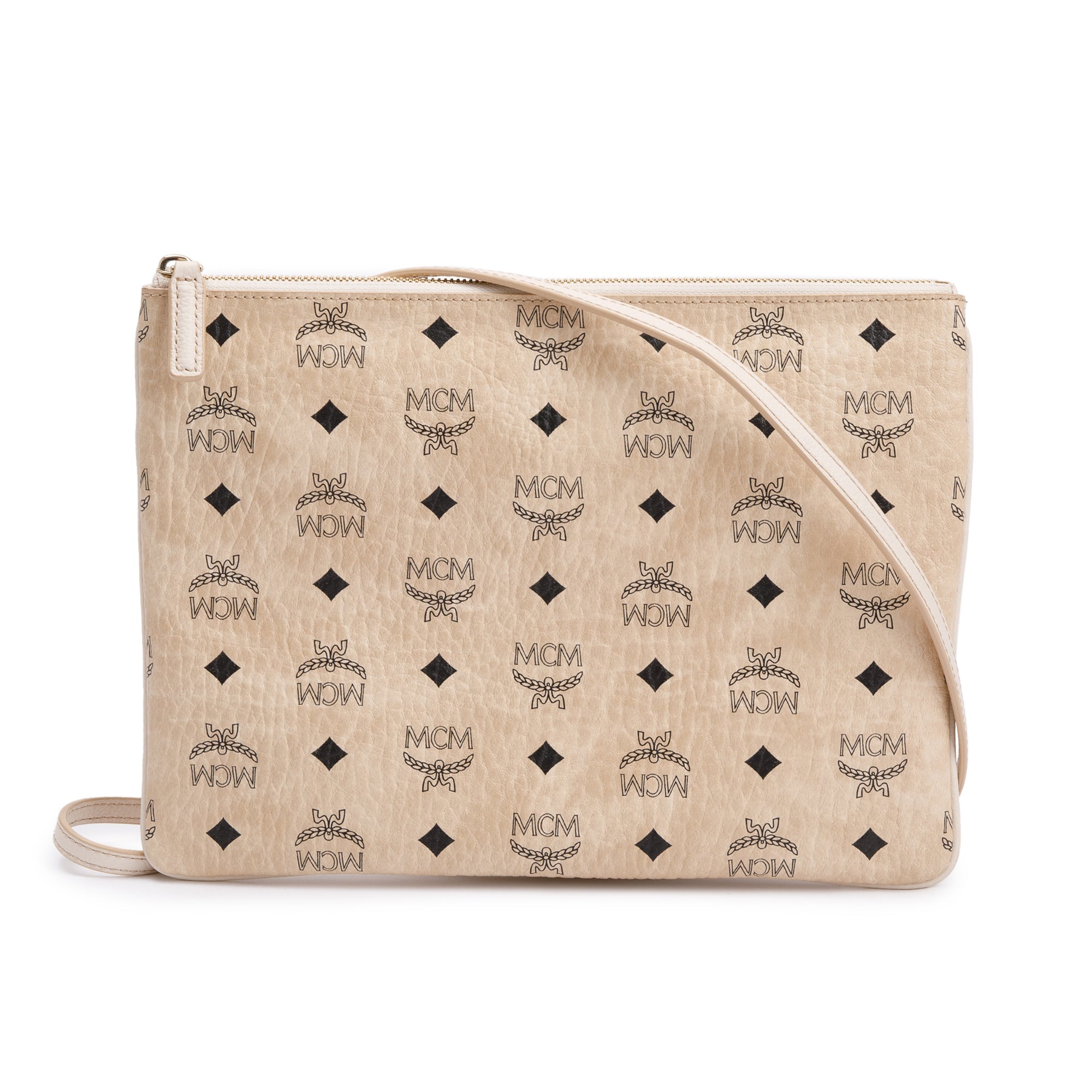 MCM Neutral leather Trimmed Visetos Coated Canvas Medium Crossbody Pouch