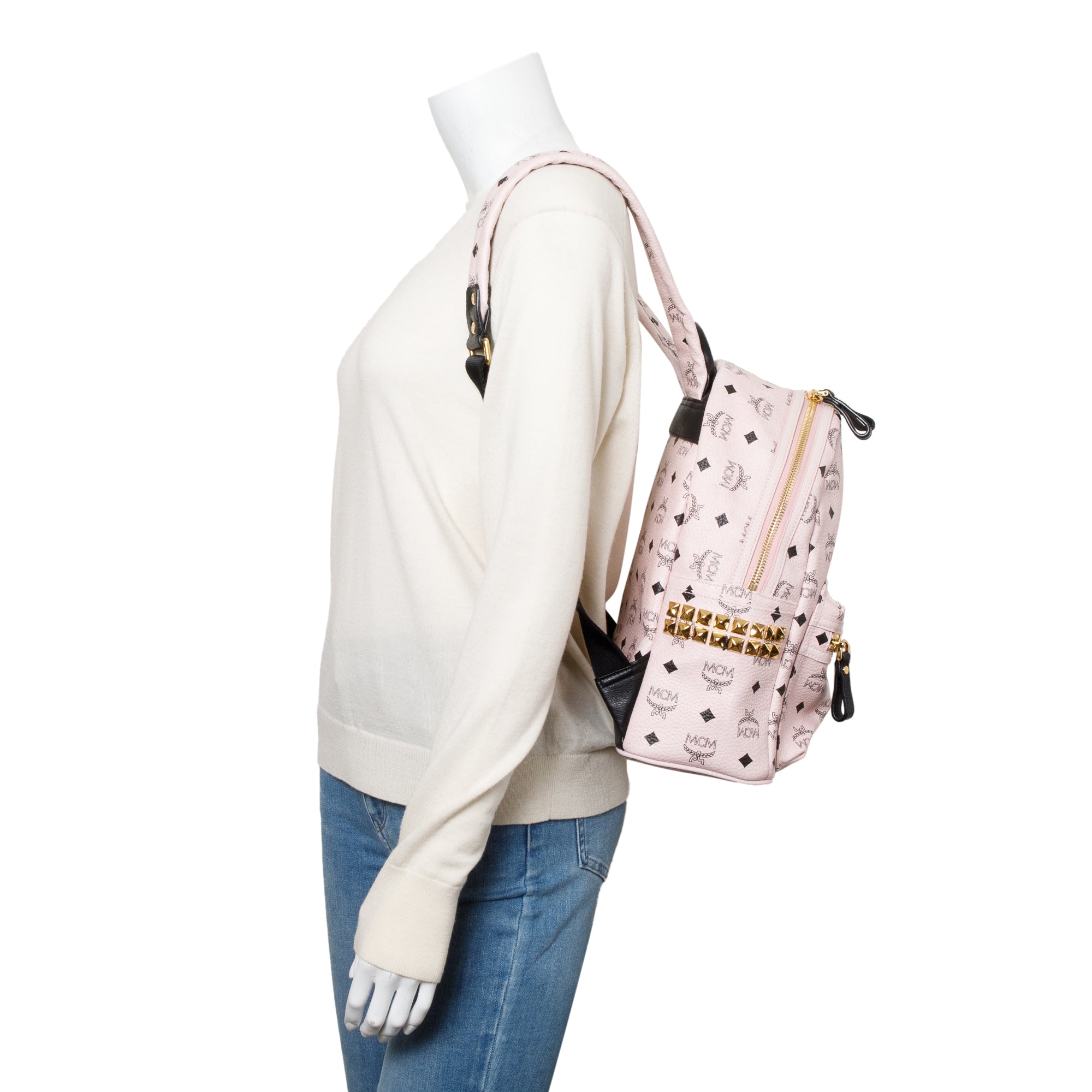 MCM Pink Visetos Side Studs Small Stark Backpack