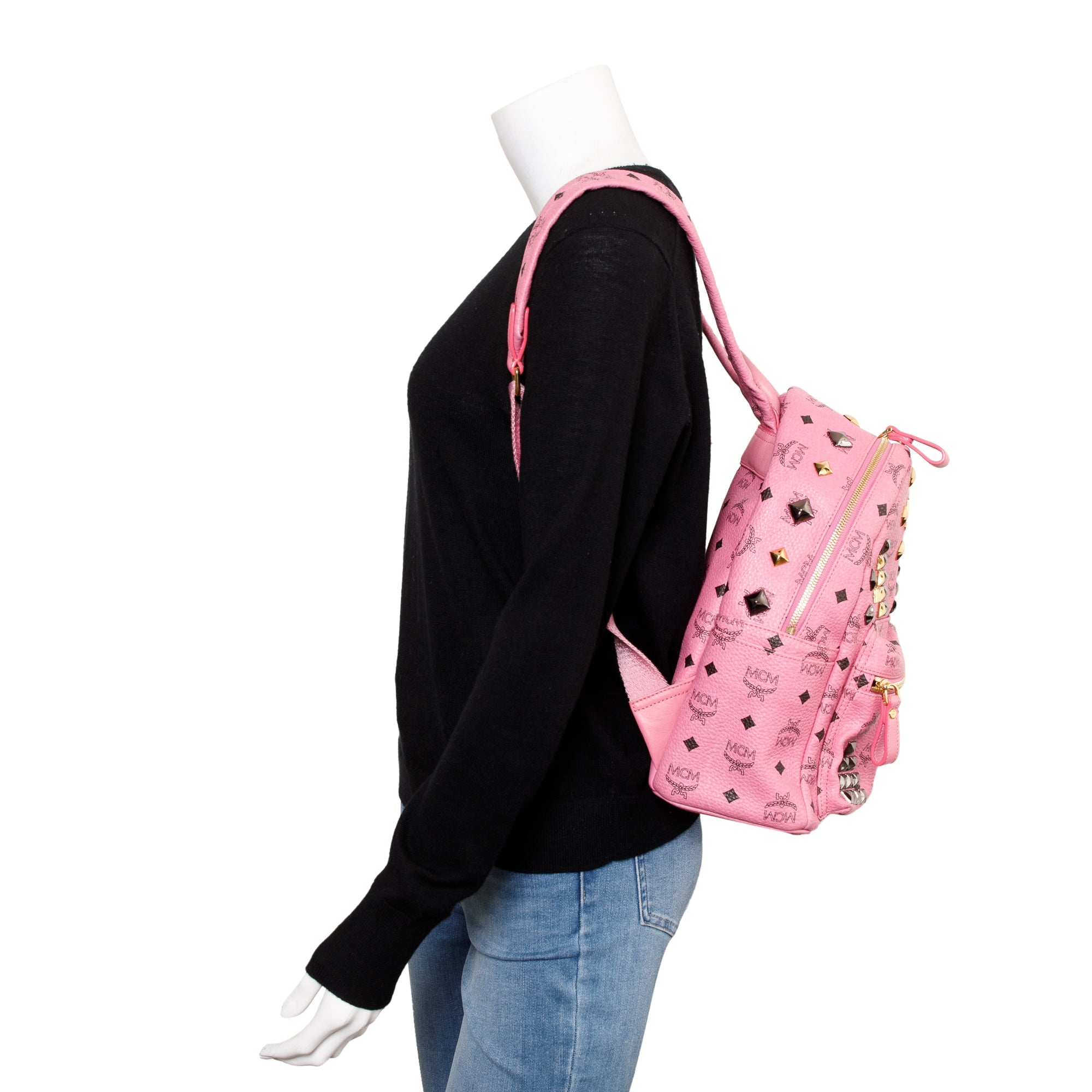 MCM Pink Visetos Studded Colorblock Stark Small Backpack