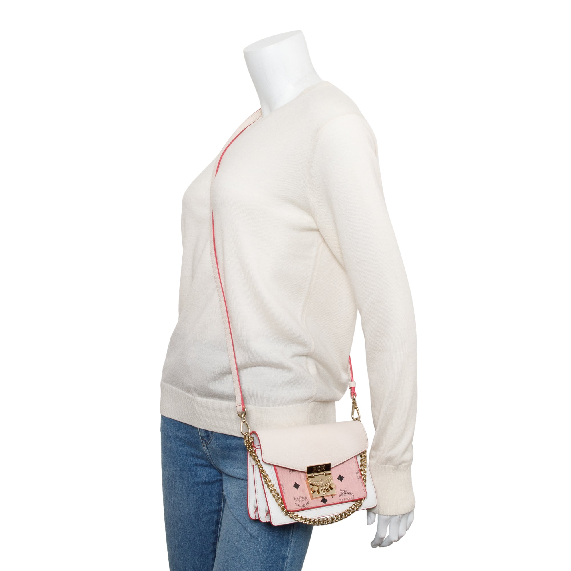 MCM Pink/White Calf Leather Pink Visetos The Patricia Crossbody w/ Strap