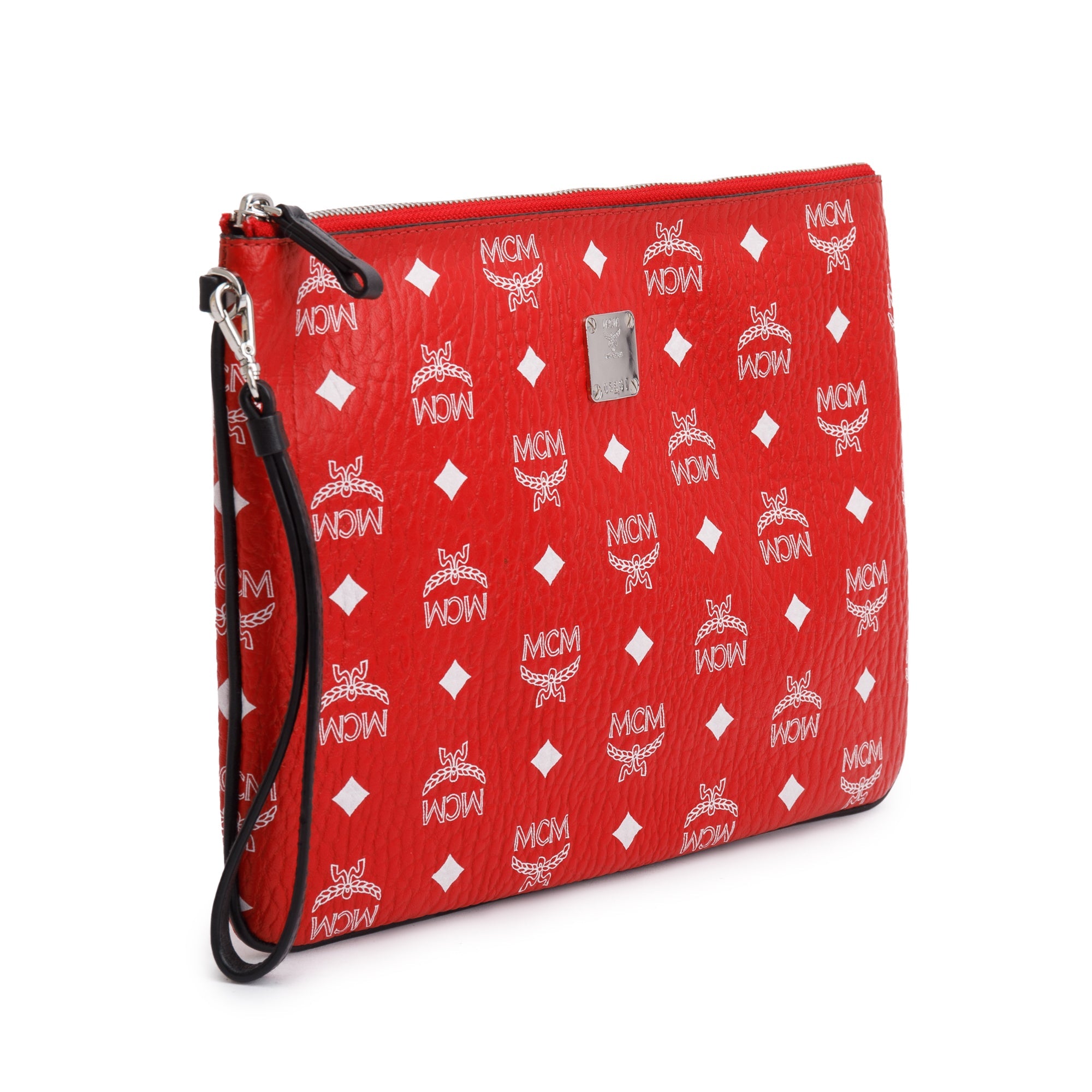MCM Red Visetos Medium Wristlet Zip Pouch