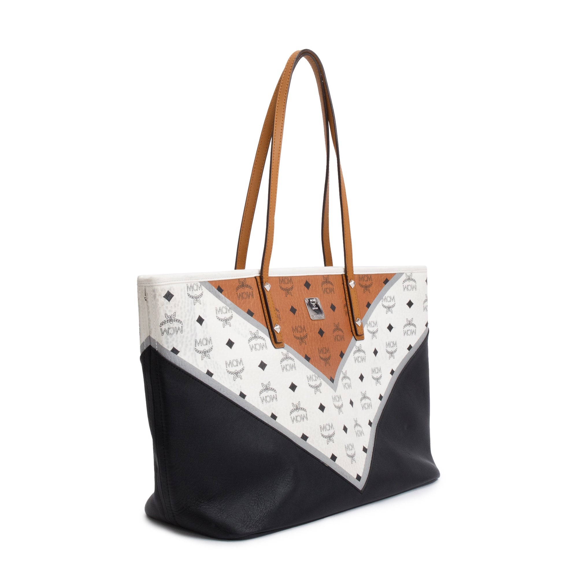 MCM White & Cognac Visetos Black Leather Anya Shopper Tote