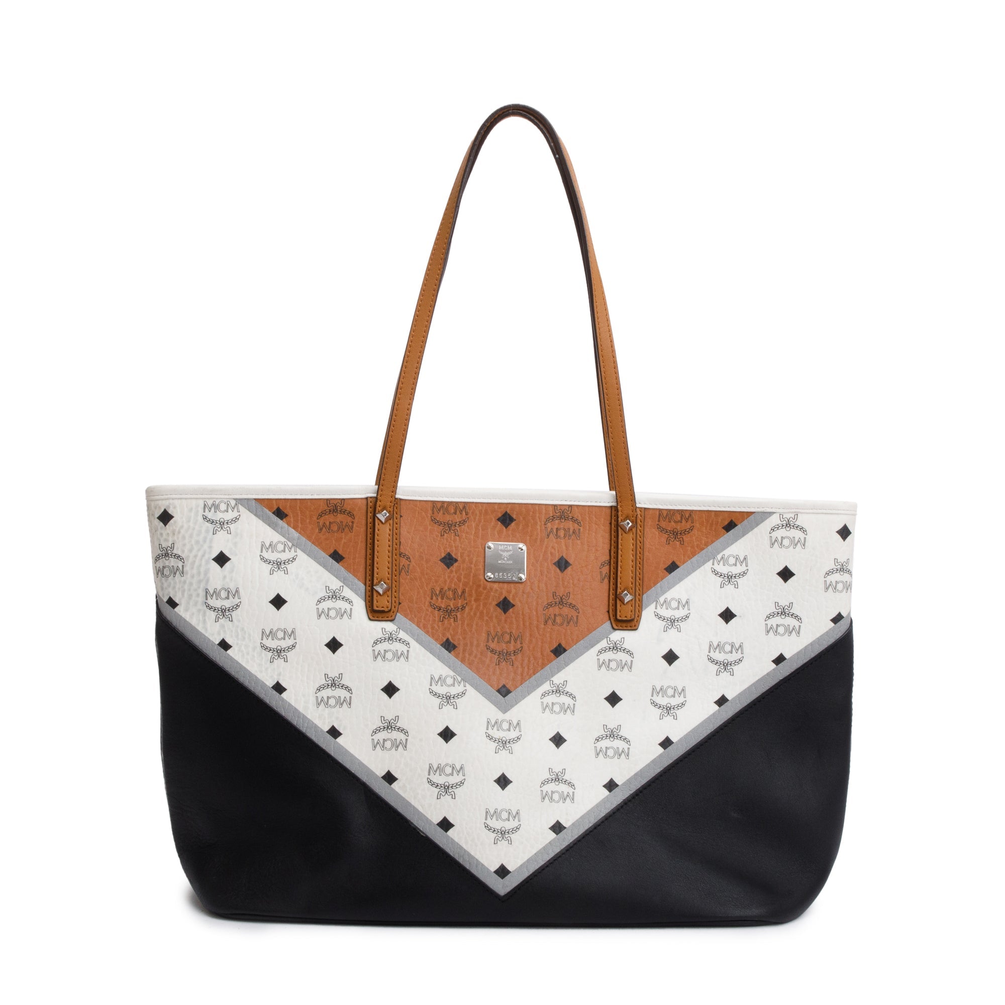 MCM White & Cognac Visetos Black Leather Anya Shopper Tote