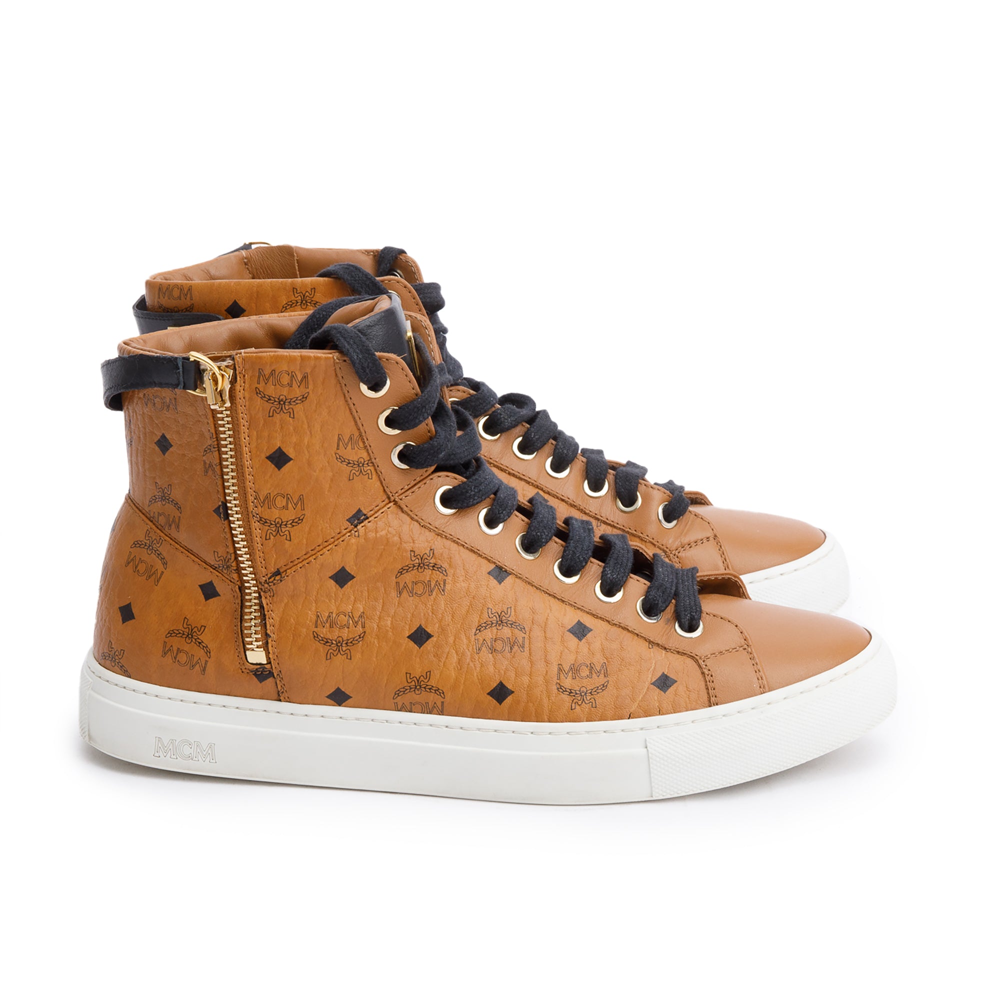 MCM Cognac Visetos Men's High-Top Terrain Leather Sneakers, Size 40
