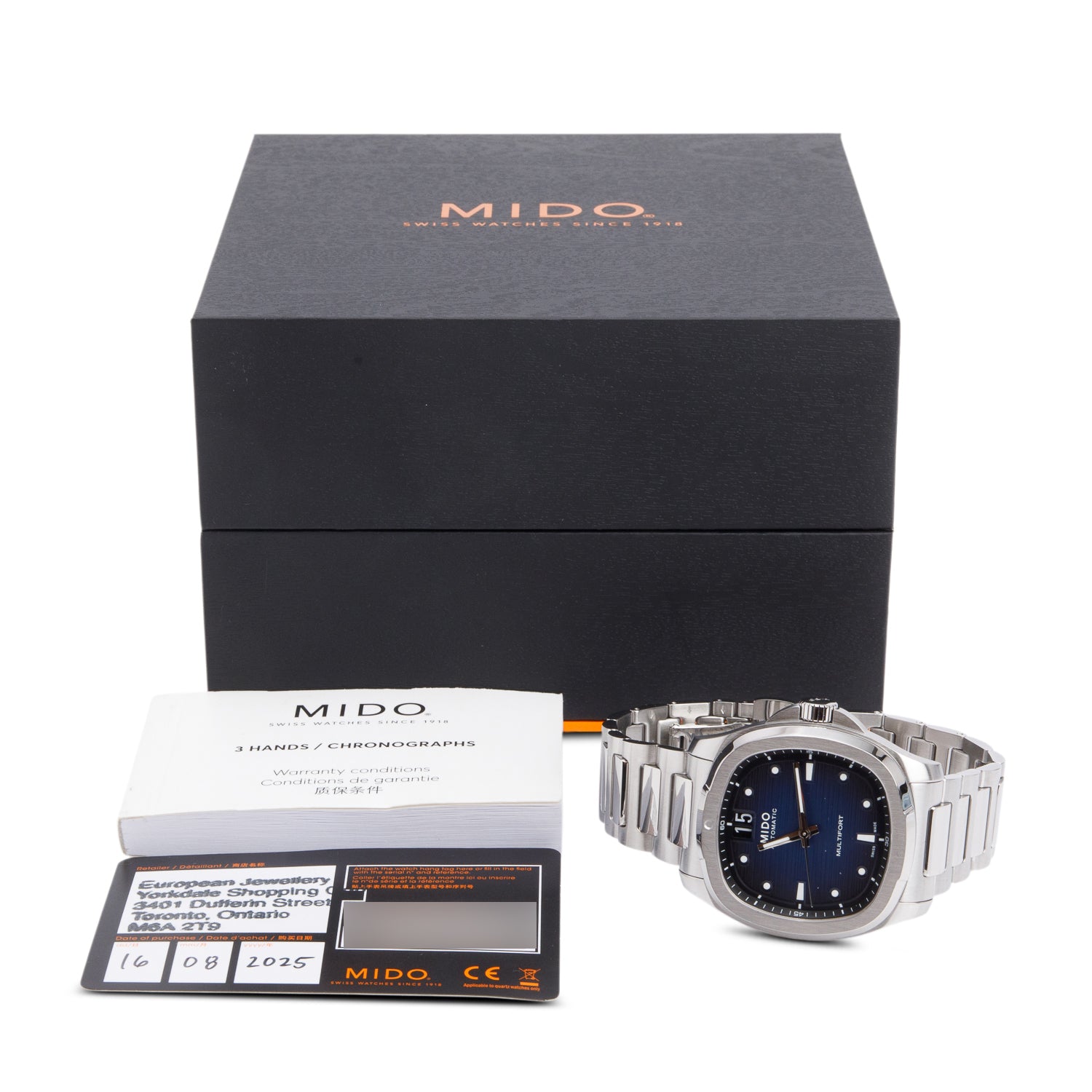 Mido Stainless Steel Multifort TV Big Date Automatic Watch Blue Dial w/ Box & Papers