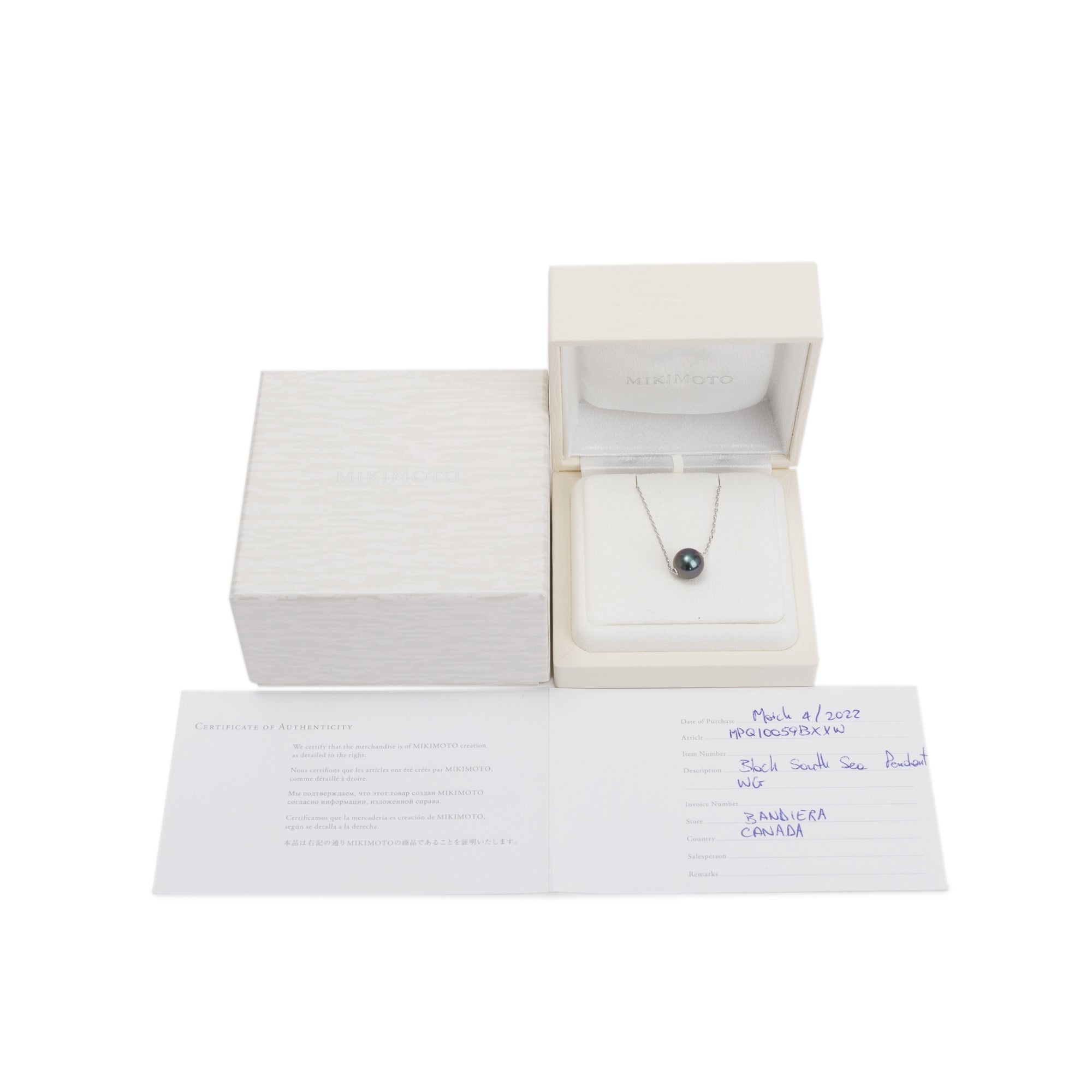 Mikimoto 18k White Gold 10MM Black South Sea Pearl Pendant Necklace w/ Box & Certificate