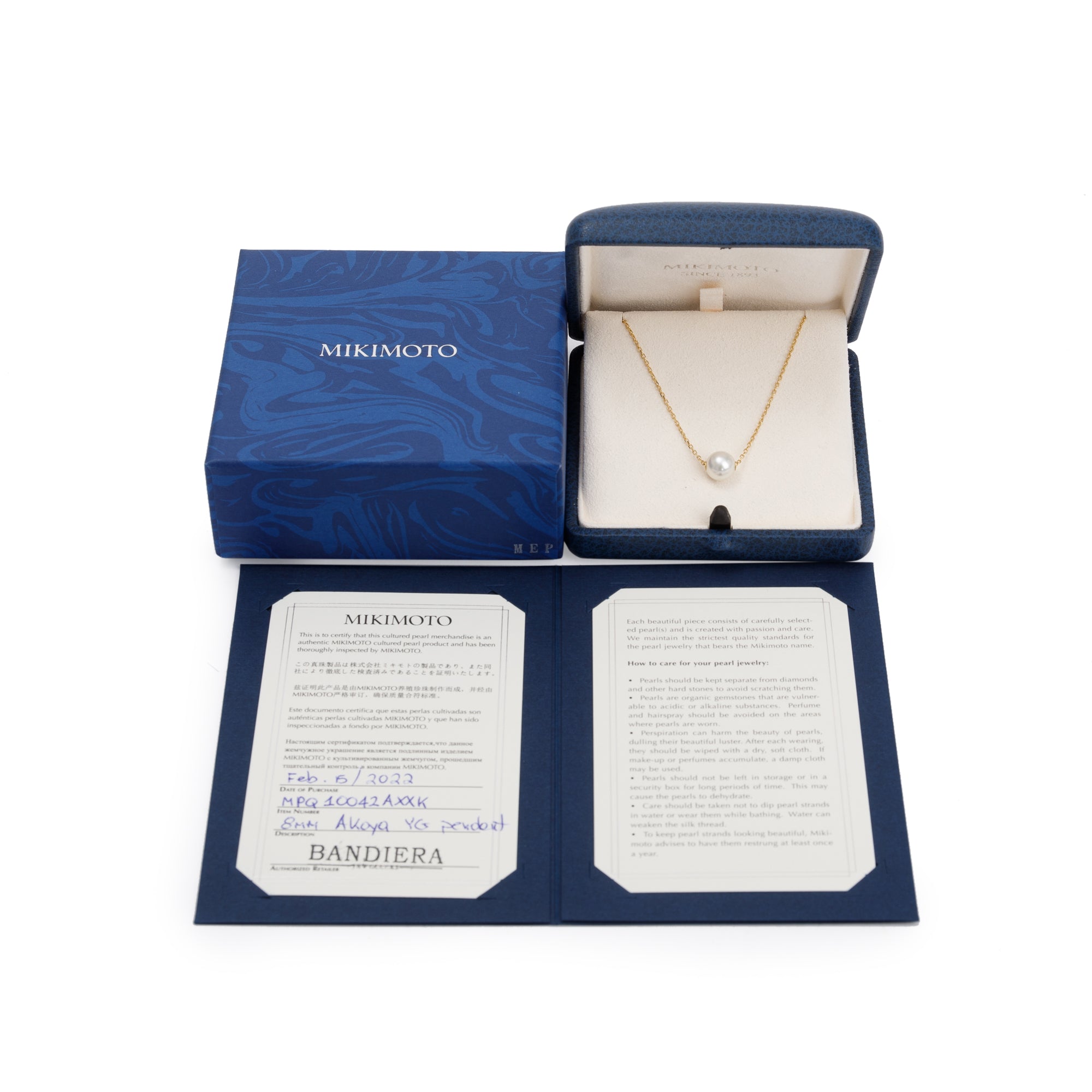 Mikimoto 18k Yellow Gold 8MM Akoya Pearl Pendant Necklace w/ Box & Certificate