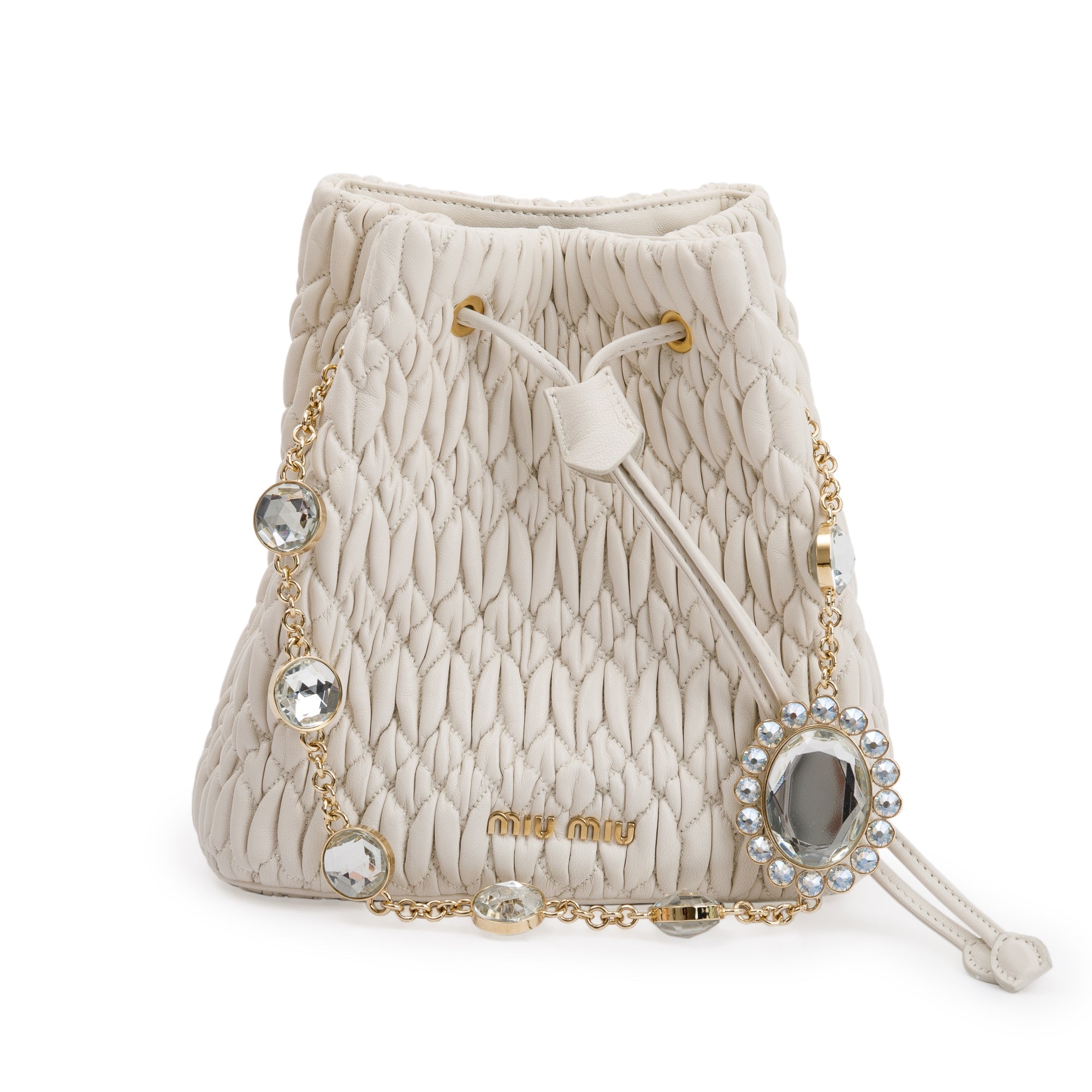 Miu Miu 2020 White Matelasse Nappa Crystal Drawstring Bucket Bag w/ Strap & Authenticity Card
