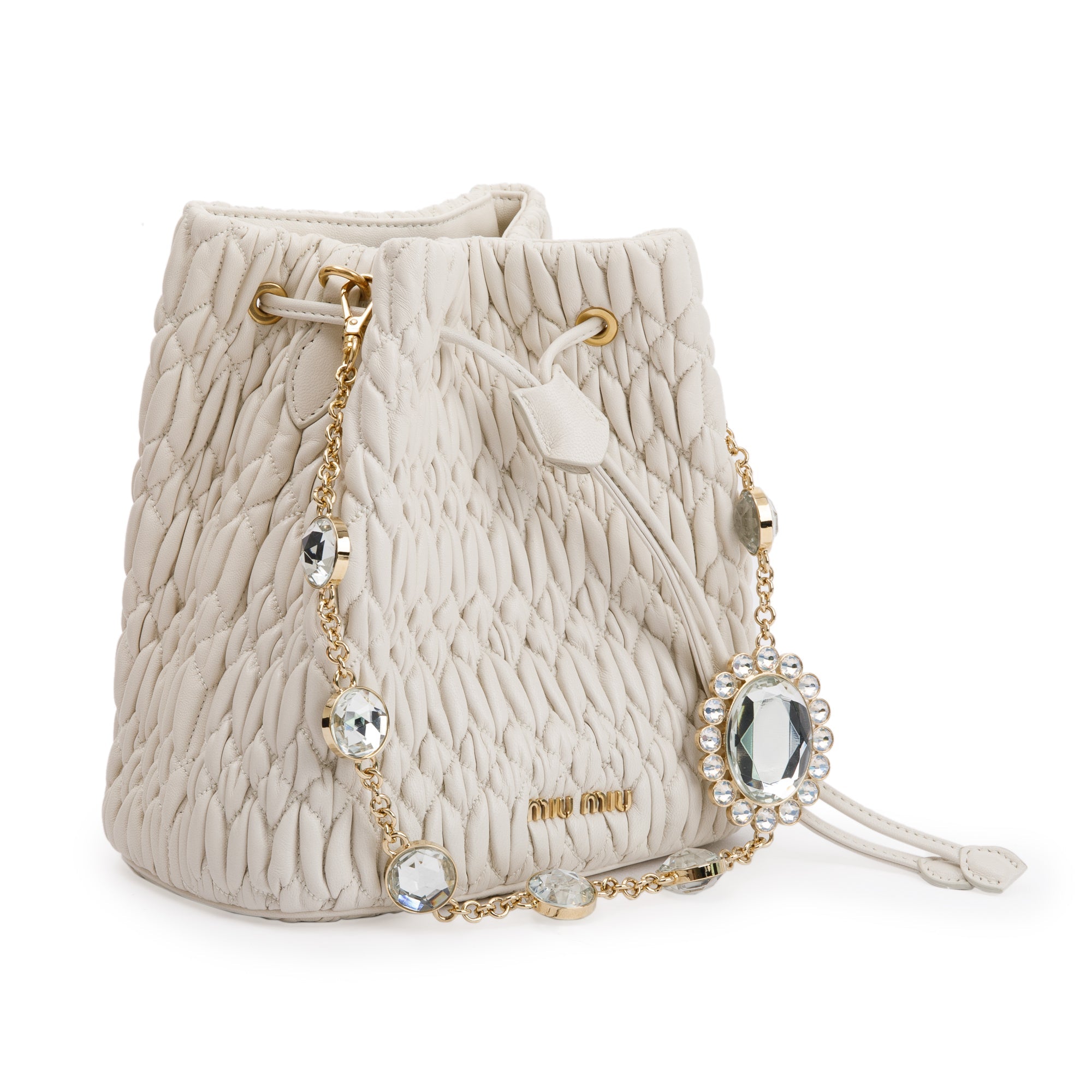 Miu Miu 2020 White Matelasse Nappa Crystal Drawstring Bucket Bag w/ Strap & Authenticity Card