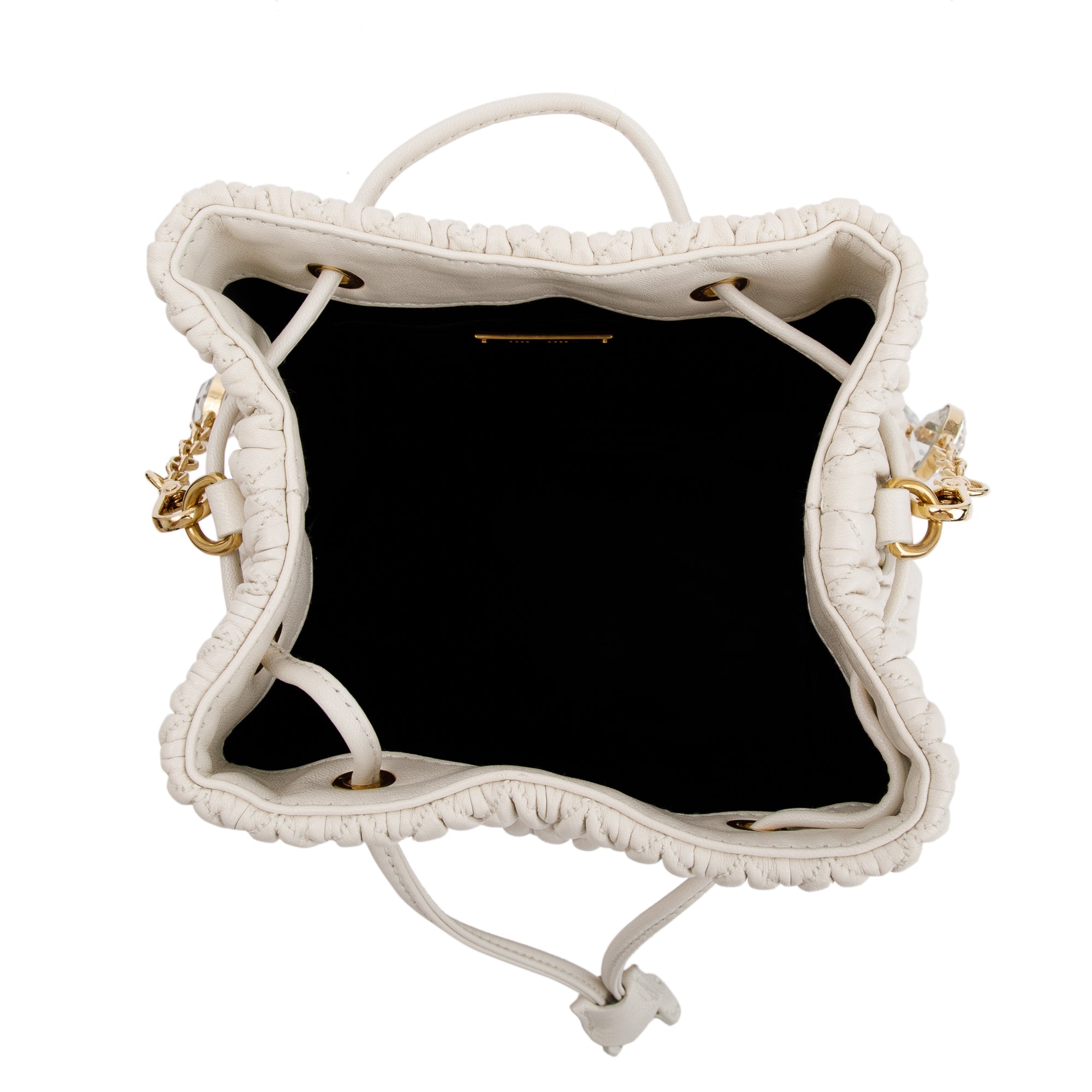 Miu Miu 2020 White Matelasse Nappa Crystal Drawstring Bucket Bag w/ Strap & Authenticity Card