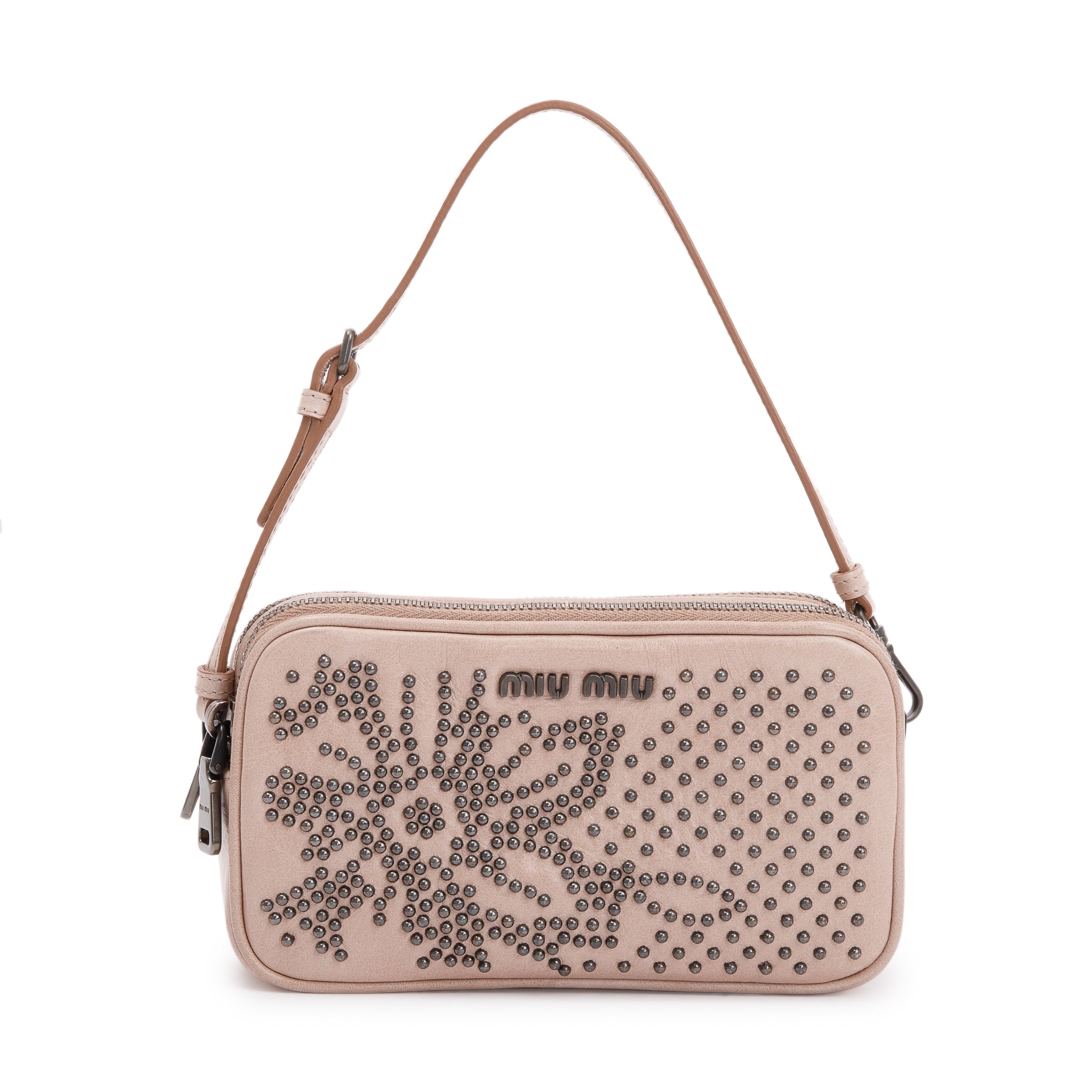 Miu Miu Beige Vitello Shine Studded Wristlet Bag w/ Box