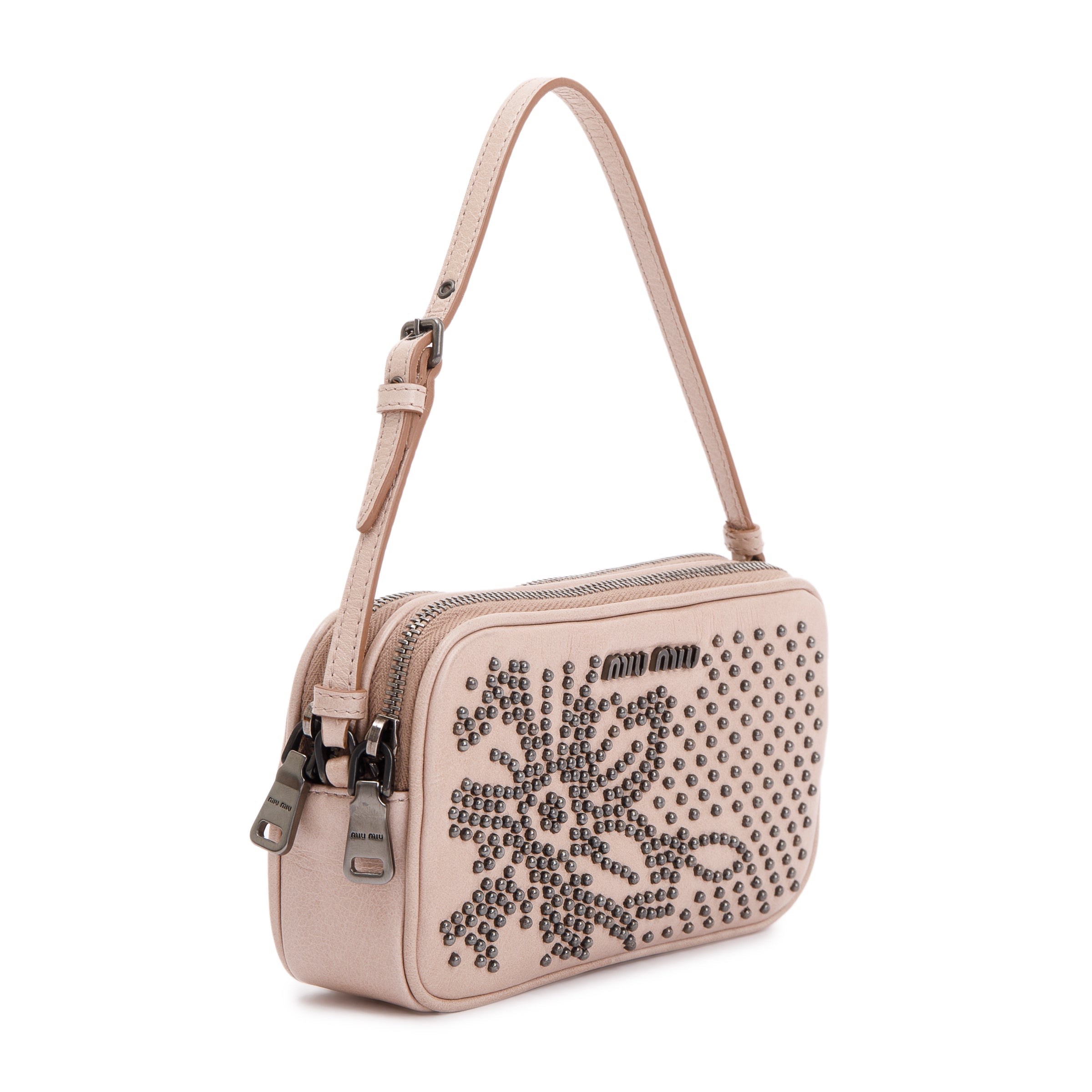 Miu Miu Beige Vitello Shine Studded Wristlet Bag w/ Box