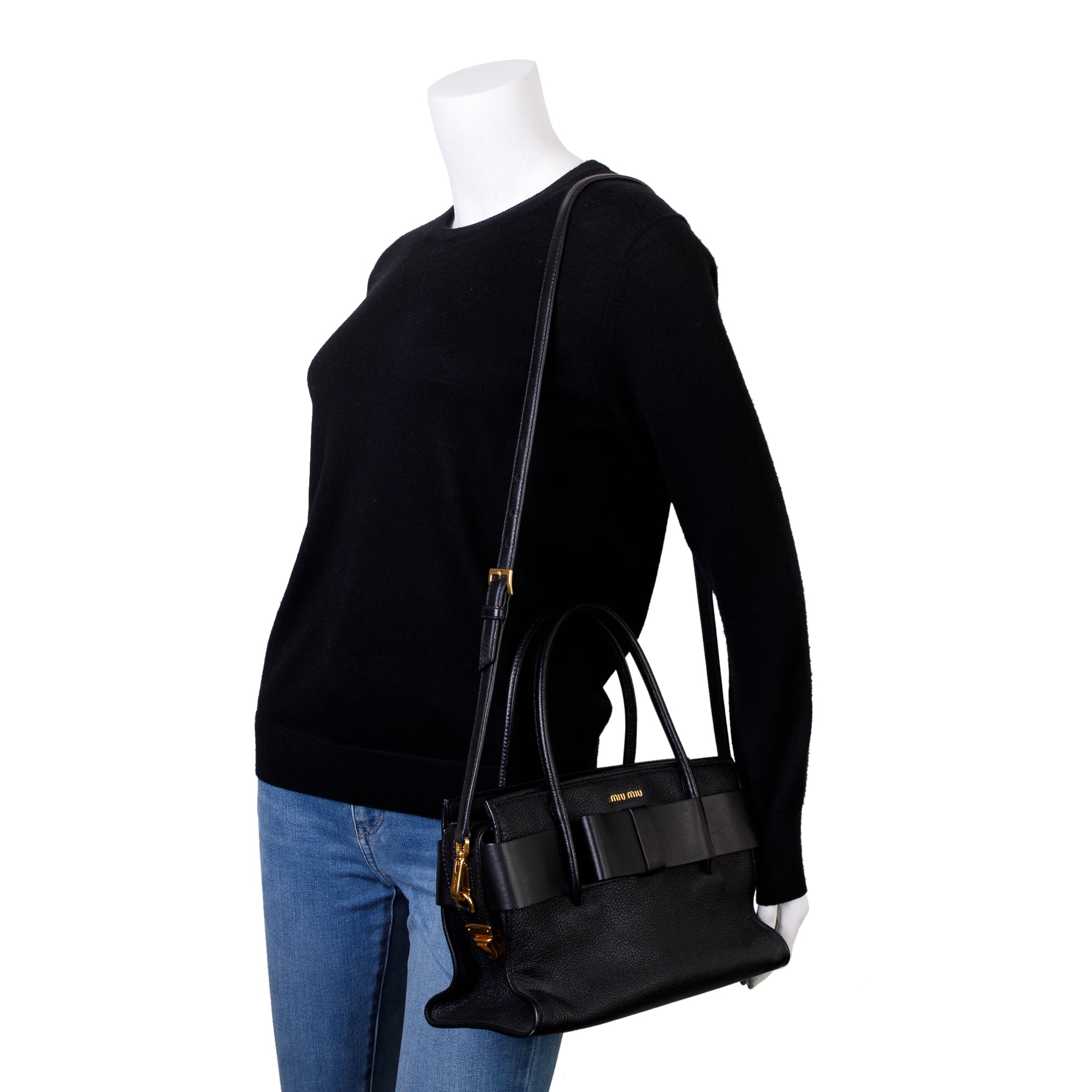 Miu Miu Black Leather Madras Fiocco Bow Tote w/ Strap