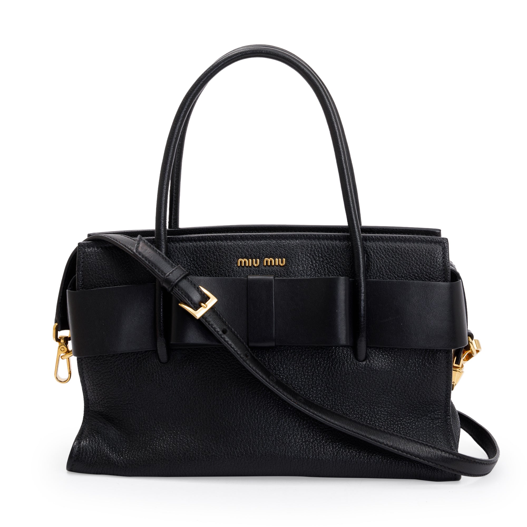 Miu Miu Black Leather Madras Fiocco Bow Tote w/ Strap