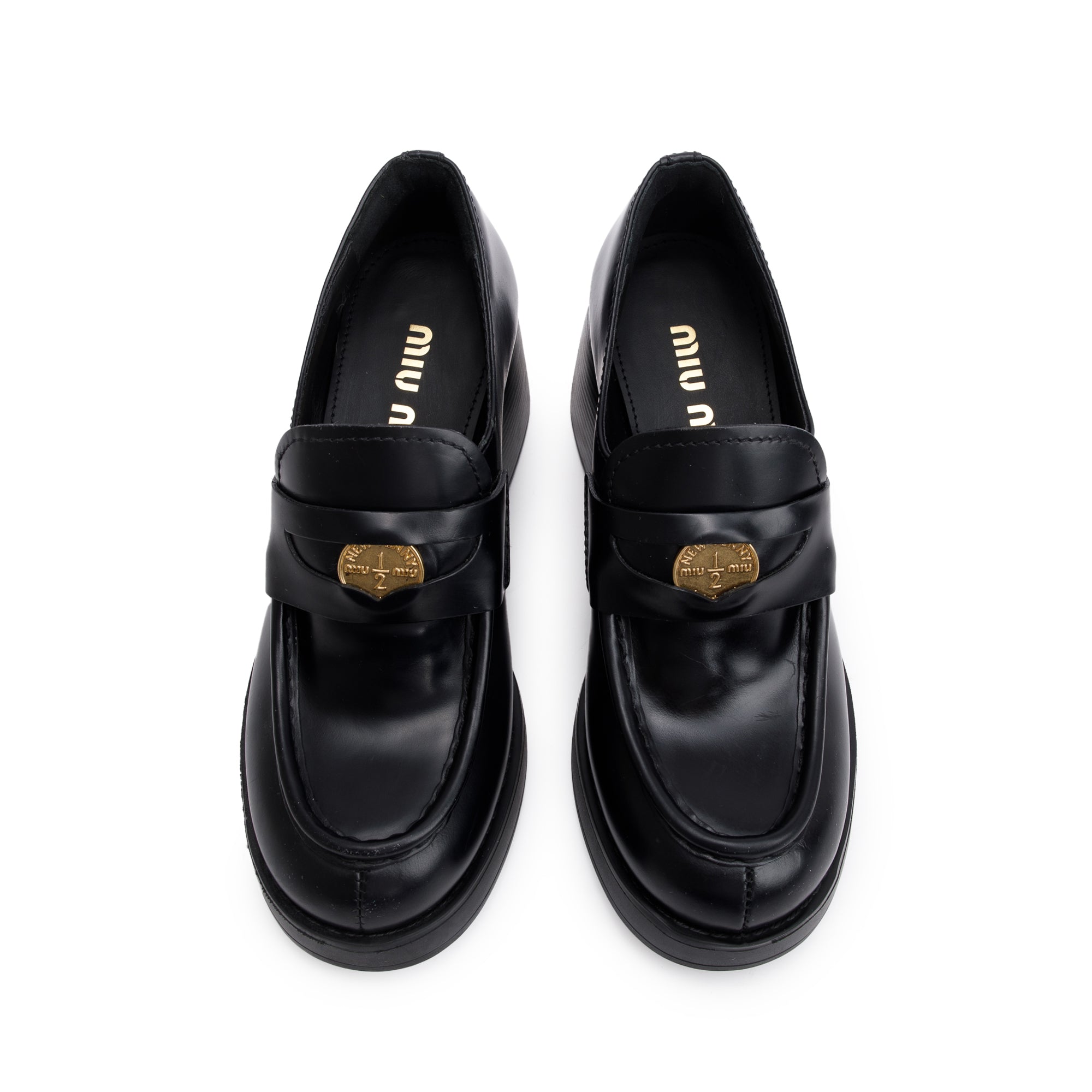 Miu Miu Black Leather Penny Loafers, Size 36