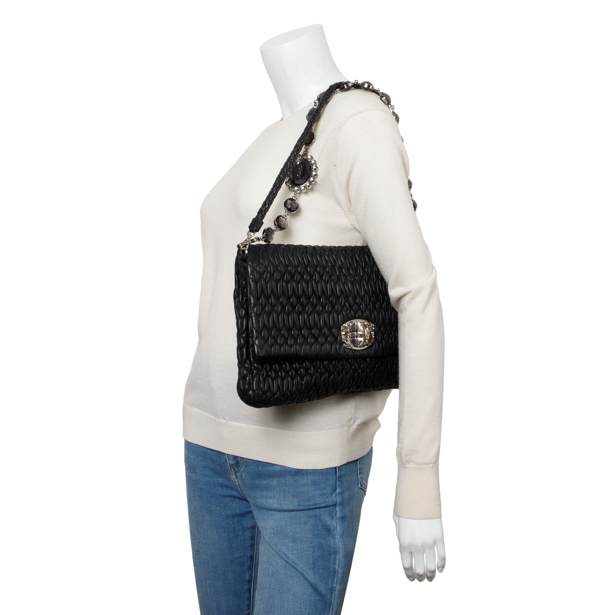 Miu Miu Black Nappa Iconic Crystal Cloque Flap Shoulder Bag w/ Straps