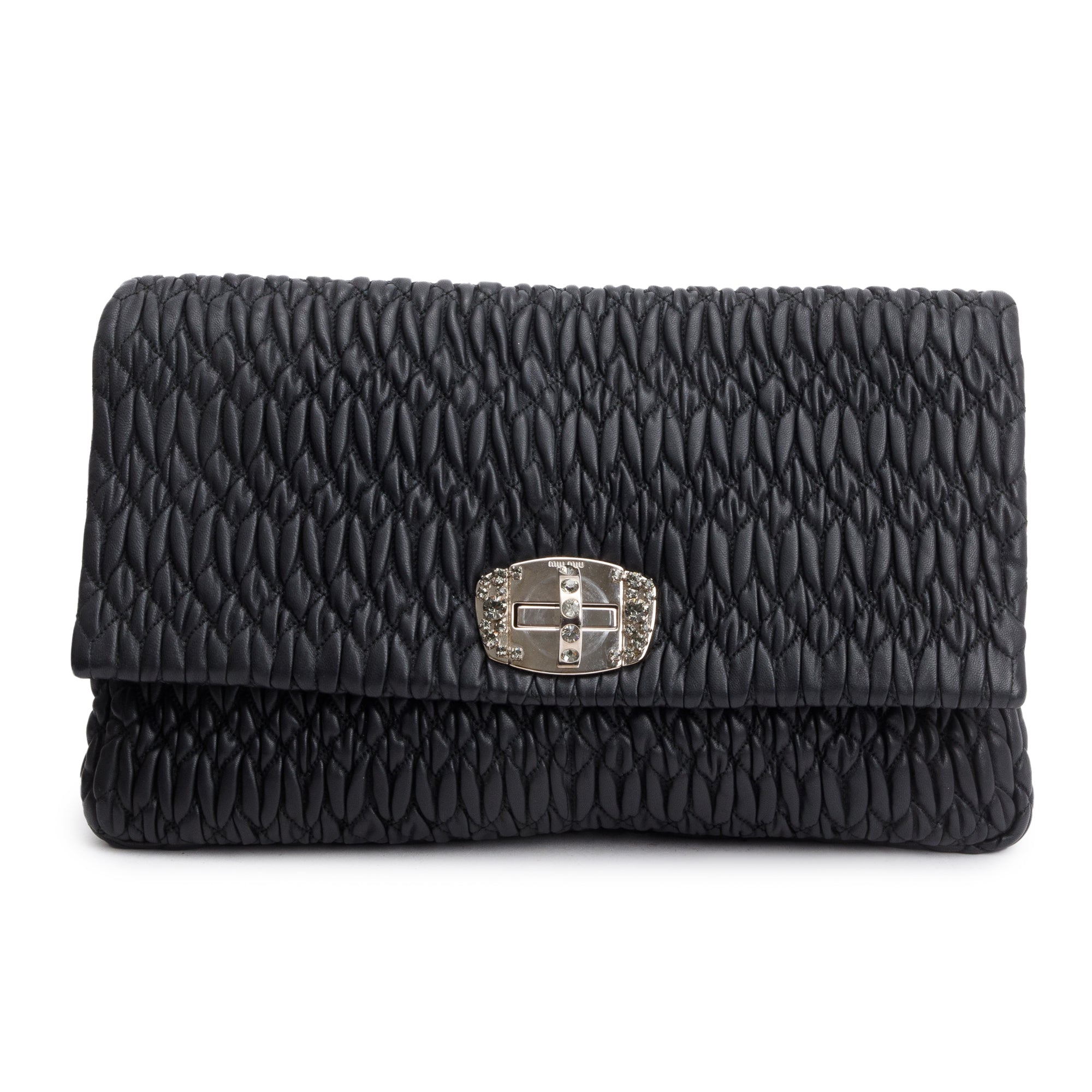 Miu Miu Black Nappa Iconic Crystal Cloque Flap Shoulder Bag w/ Straps