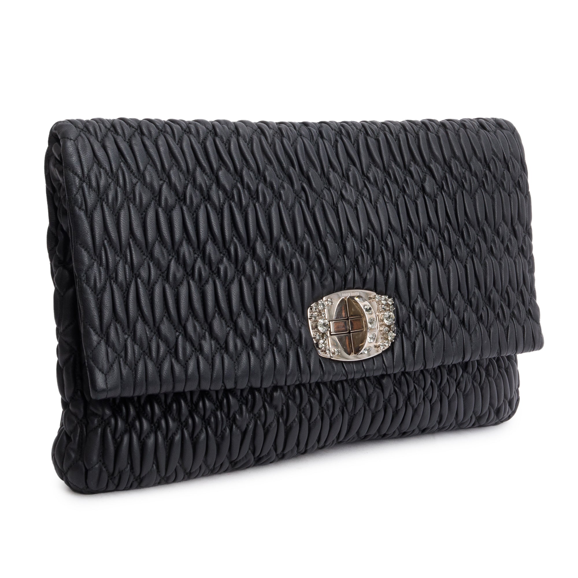 Miu Miu Black Nappa Iconic Crystal Cloque Flap Shoulder Bag w/ Straps