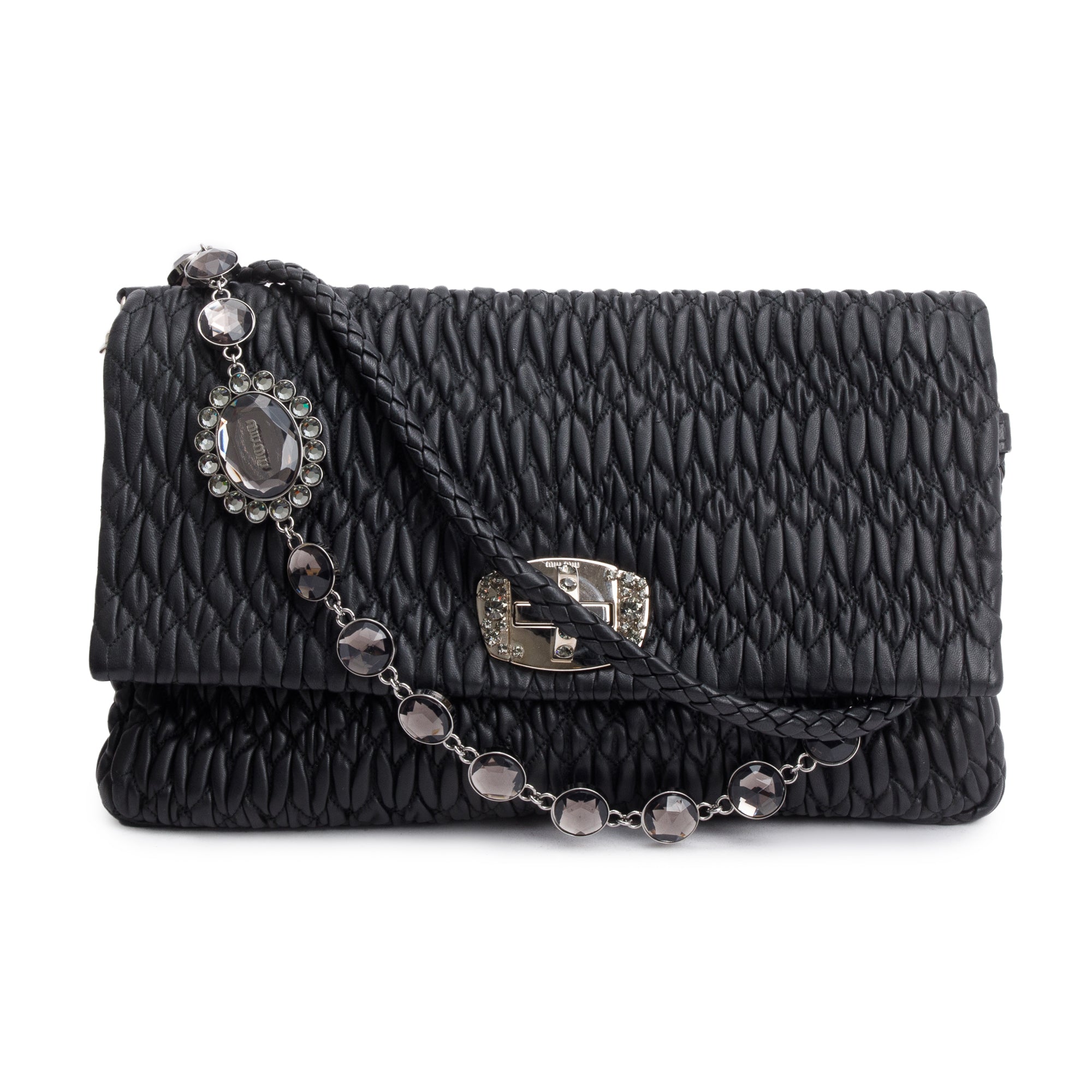 Miu Miu Black Nappa Iconic Crystal Cloque Flap Shoulder Bag w/ Straps