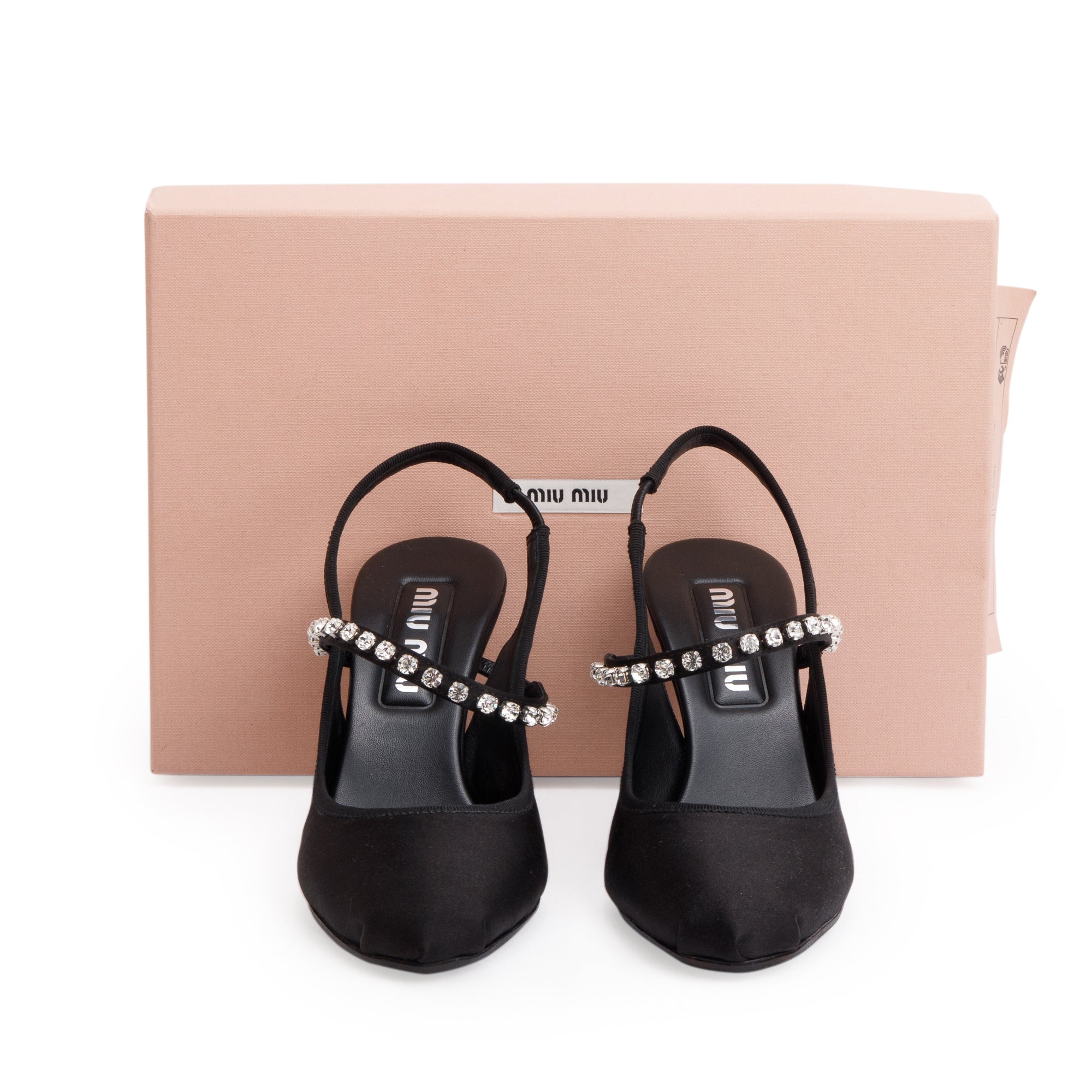 Miu Miu Black Satin Crystal Calzature Donna Sling Back Pumps, Size 37 w/ Box