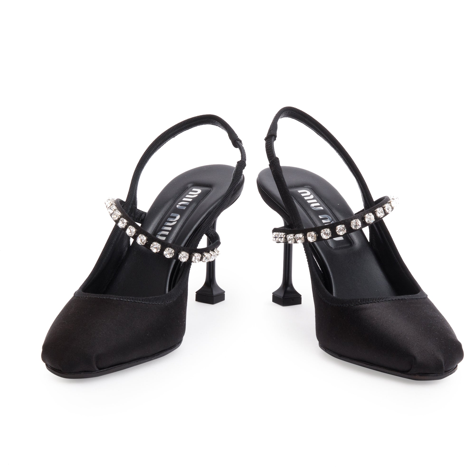 Miu Miu Black Satin Crystal Calzature Donna Sling Back Pumps, Size 37 w/ Box