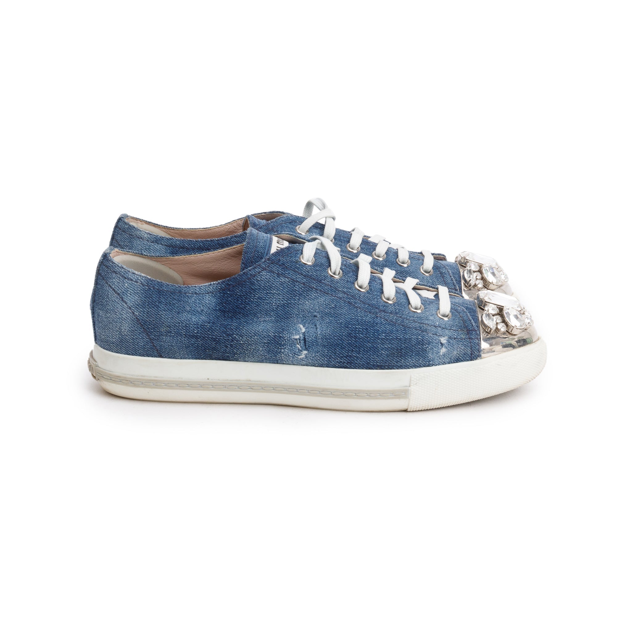 Miu Miu Blue Denim Crystal Embellished Sneakers, Size 38.5