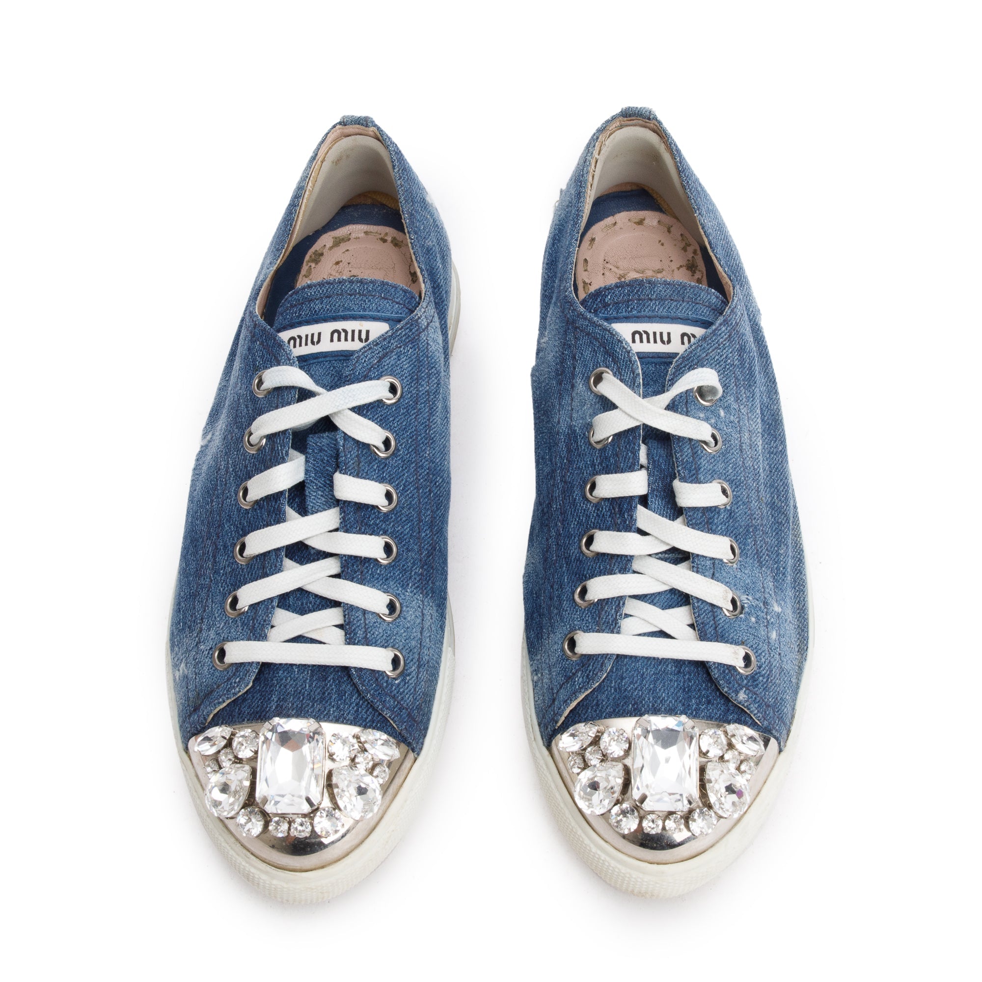 Miu Miu Blue Denim Crystal Embellished Sneakers, Size 38.5 – OLIVER'S