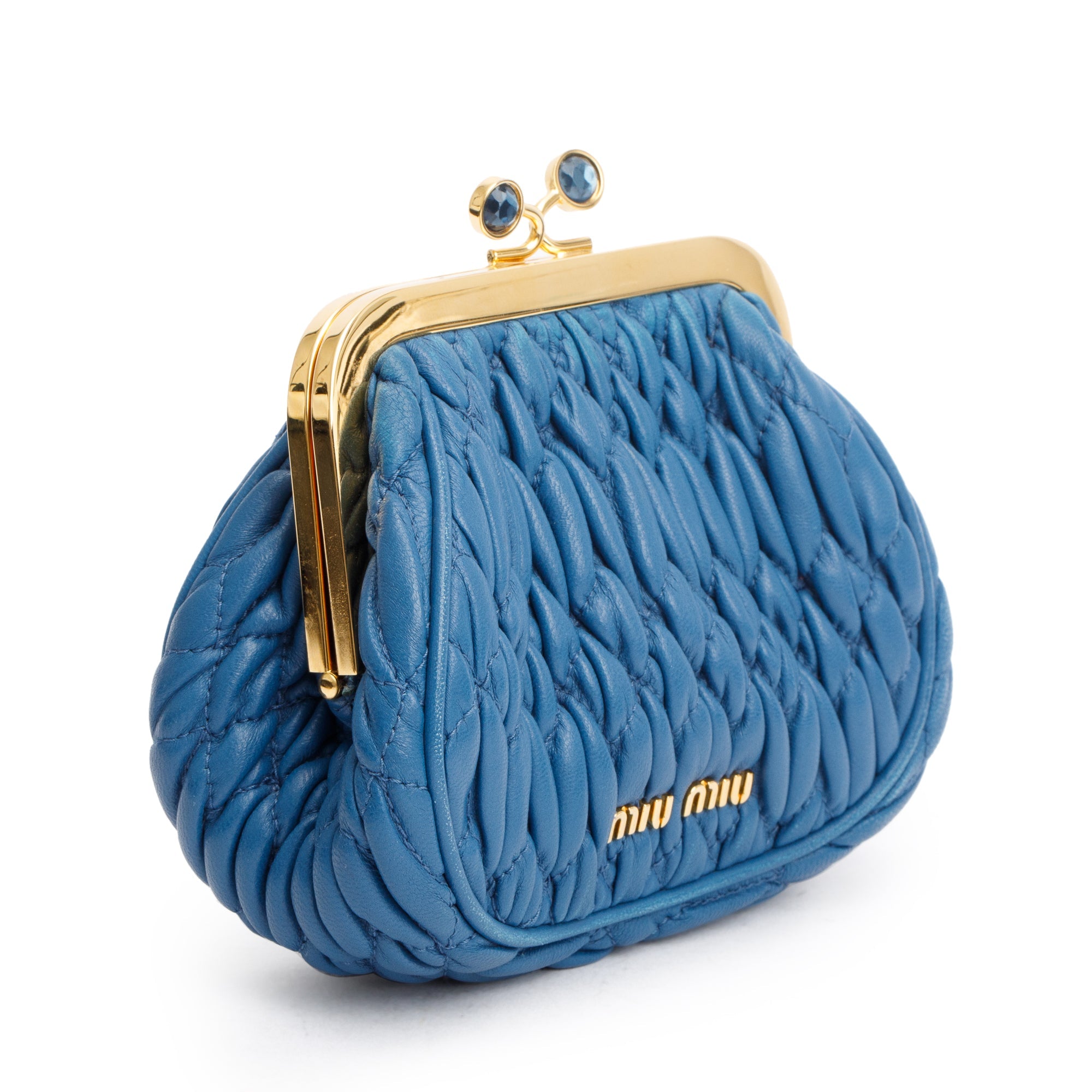 Miu Miu Blue Matelasse Nappa Leather Kiss Lock Mini Pouch